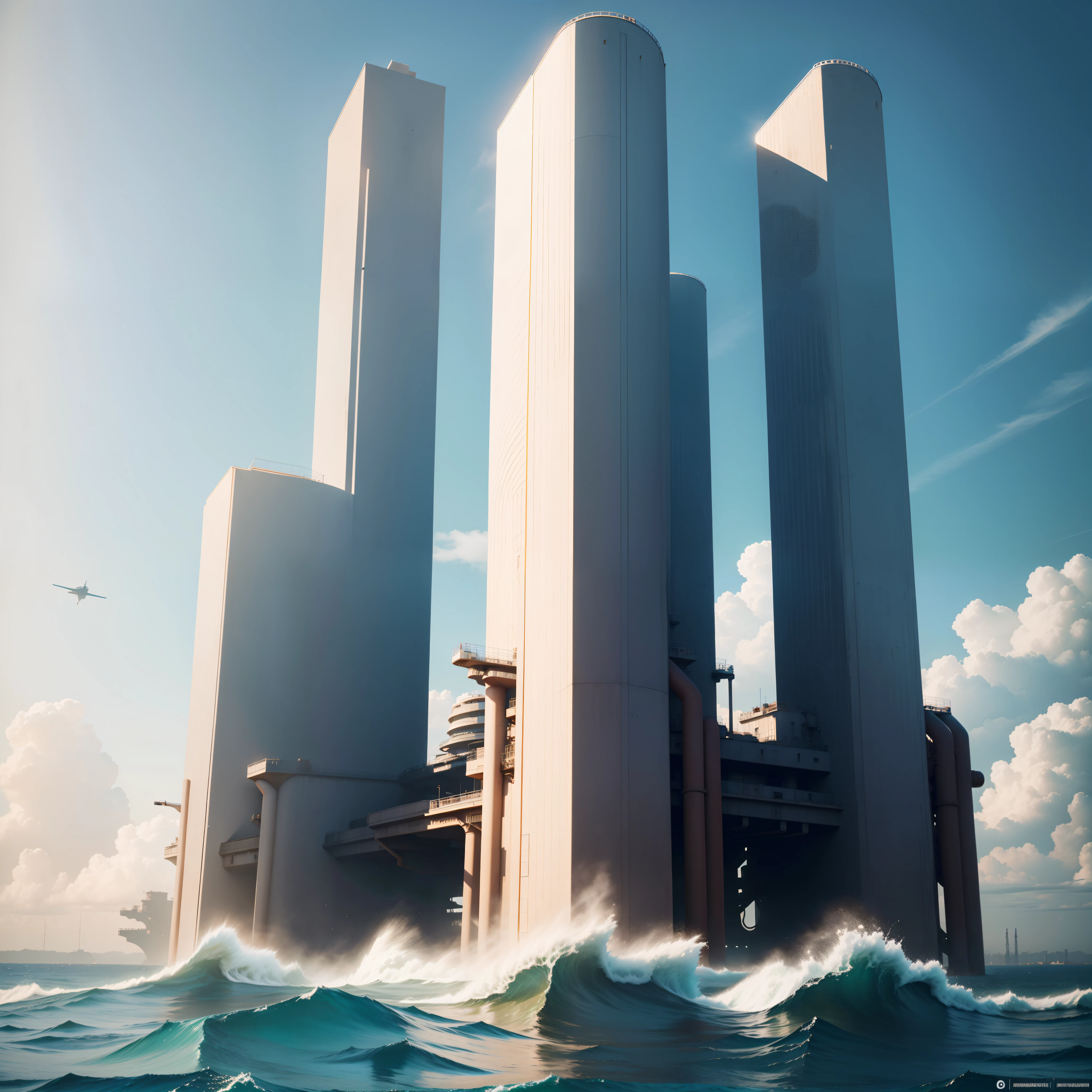 Three nearby industrial tanks futuristic stunning views on the distant horizon, floating majestically over the ocean waters. Suas formas exteriores lembram perfeitamente a suavidade de meias esferas convexas, while the interior is meticulously flat and functional. they seem to have come straight out of the pages of science fiction, erguem-se altivas em alto mar, challenging the skyline with its imposing presence.
