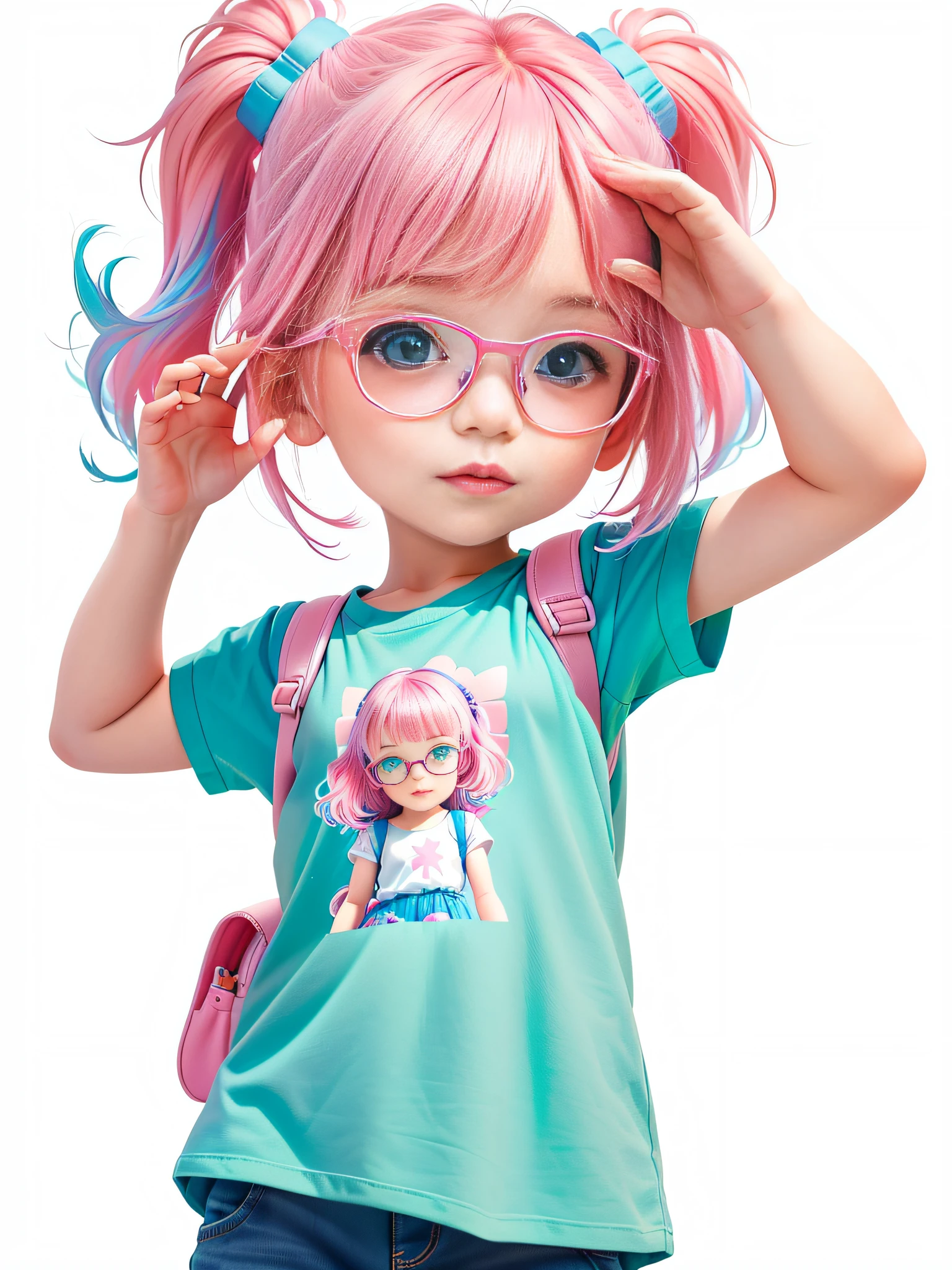 A full of imagination and curiosity, various poses and explanations on white background, children's book illustration style, simple, cute, 6 years oldblue hair colors, green t-shirt, white shots, without belt, with glasses, without book , without backpack