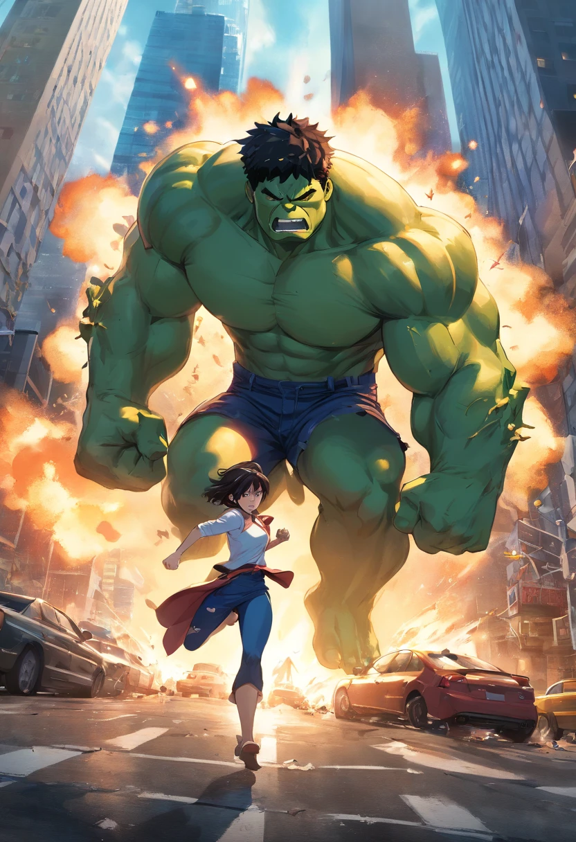 (best quality,4k,8k,alto,master part:1.2),ultra-detalhado,(Realistic,fotorrealista,photo-realistic:1.37),Hulk,quadrinhos da marvel,corpo forte e musculoso,roupas rasgadas,pele verde,angry expression,punhos cerrados,Massive appearance,poder destrutivo,marvel superhero,Centro de Manhattan,Nova Iorque,skyscrapers in the background,atmosfera escura e intensa,dramatic lighting,arte em quadrinhos,explosive action,dinamic poses,cores vibrantes,wreckage destroyed,fury and power emanating from the Hulk,intensidade emocionalmente carregada,action-packed scene,epic showdown,sensational illustration.