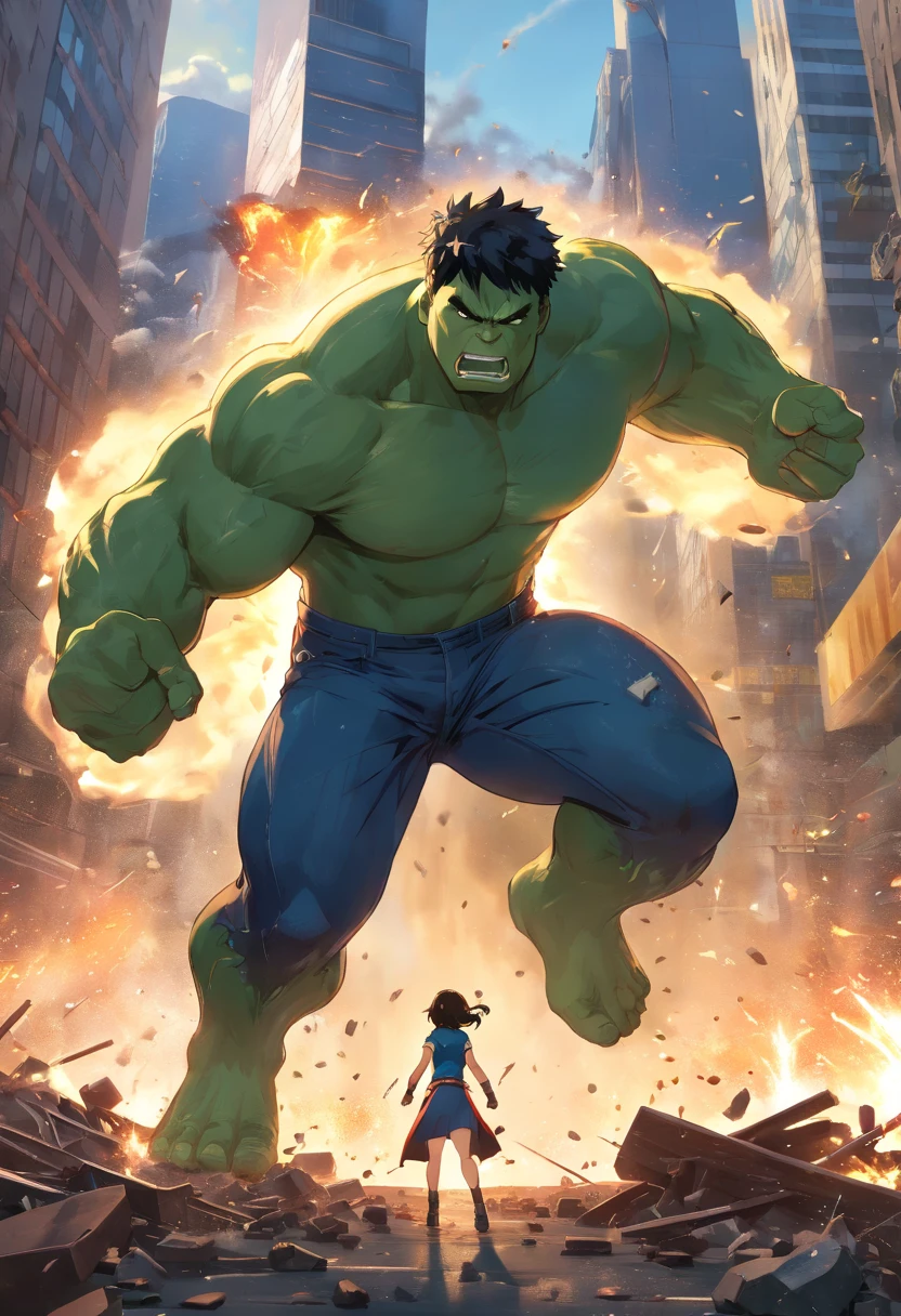 (best quality,4k,8k,alto,master part:1.2),ultra-detalhado,(Realistic,fotorrealista,photo-realistic:1.37),Hulk,quadrinhos da marvel,corpo forte e musculoso,roupas rasgadas,pele verde,angry expression,punhos cerrados,Massive appearance,poder destrutivo,marvel superhero,Centro de Manhattan,Nova Iorque,skyscrapers in the background,atmosfera escura e intensa,dramatic lighting,arte em quadrinhos,explosive action,dinamic poses,cores vibrantes,wreckage destroyed,fury and power emanating from the Hulk,intensidade emocionalmente carregada,action-packed scene,epic showdown,sensational illustration.