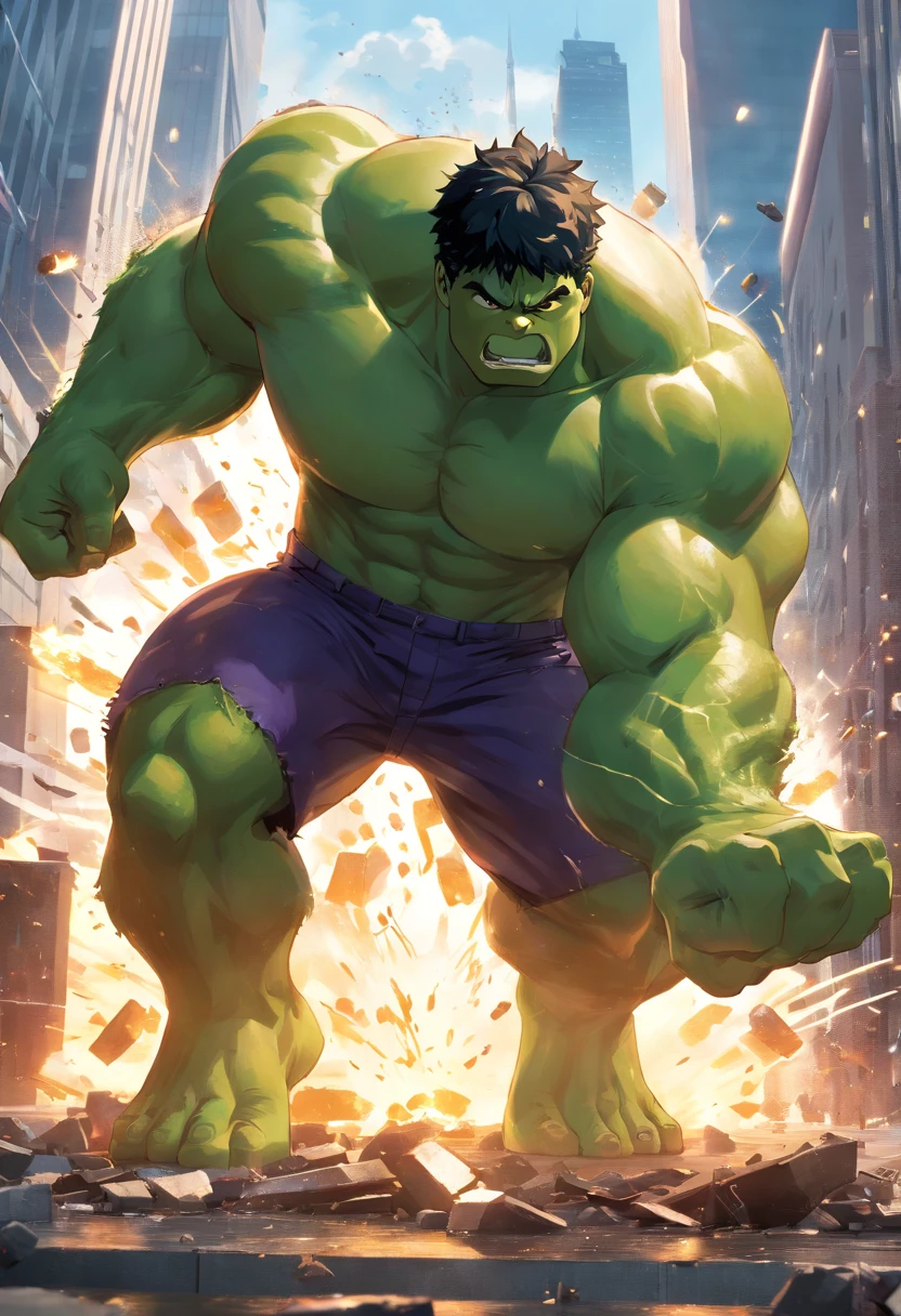 (best quality,4k,8k,alto,master part:1.2),ultra-detalhado,(Realistic,fotorrealista,photo-realistic:1.37),Hulk,quadrinhos da marvel,corpo forte e musculoso,roupas rasgadas,pele verde,angry expression,punhos cerrados,Massive appearance,poder destrutivo,marvel superhero,Centro de Manhattan,Nova Iorque,skyscrapers in the background,atmosfera escura e intensa,dramatic lighting,arte em quadrinhos,explosive action,dinamic poses,cores vibrantes,wreckage destroyed,fury and power emanating from the Hulk,intensidade emocionalmente carregada,action-packed scene,epic showdown,sensational illustration.