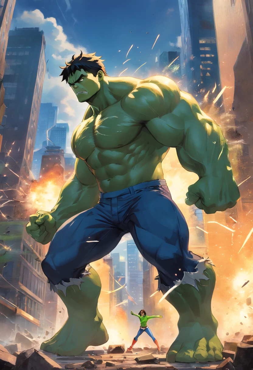 (best quality,4k,8k,alto,master part:1.2),ultra-detalhado,(Realistic,fotorrealista,photo-realistic:1.37),Hulk,quadrinhos da marvel,corpo forte e musculoso,roupas rasgadas,pele verde,angry expression,punhos cerrados,Massive appearance,poder destrutivo,marvel superhero,Centro de Manhattan,Nova Iorque,skyscrapers in the background,atmosfera escura e intensa,dramatic lighting,arte em quadrinhos,explosive action,dinamic poses,cores vibrantes,wreckage destroyed,fury and power emanating from the Hulk,intensidade emocionalmente carregada,action-packed scene,epic showdown,sensational illustration.