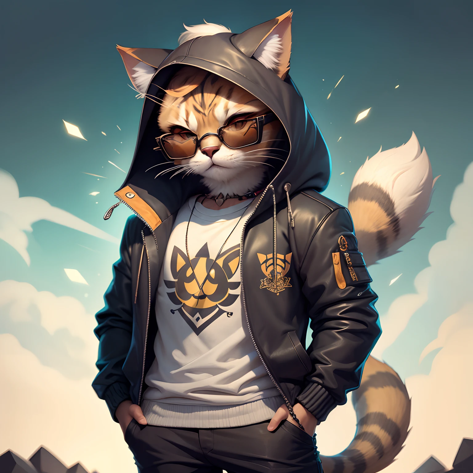 C4tt4stic，a cartoon cat wearing a jacket and sunglasses，,Handsome pose,