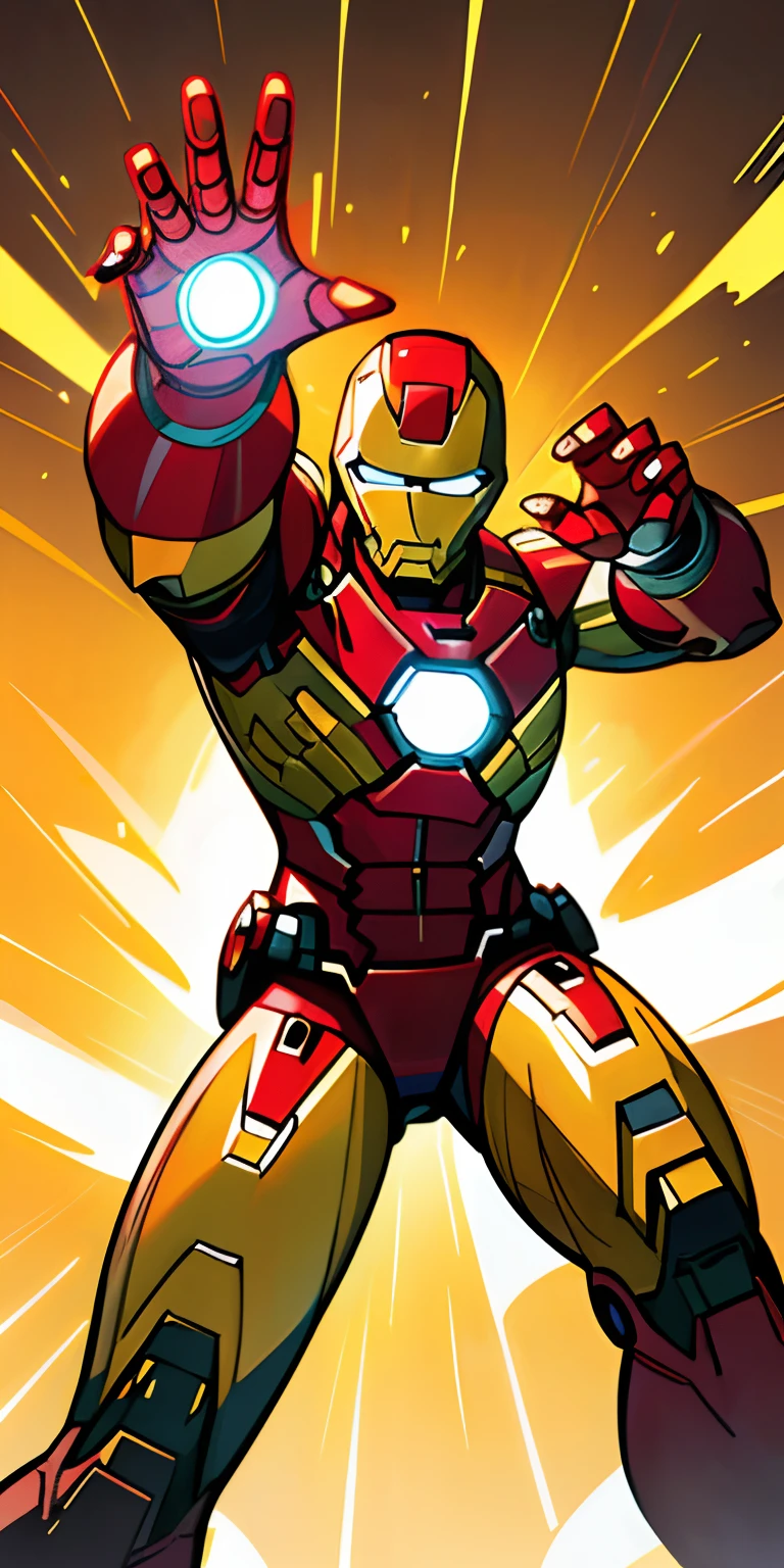 ((qualidade de obra-prima)), melhor qualidade, incredibly detailed illustration of Iron Man from Marvel Comics , uniforme, pose heroica, cores vibrantes, lighting dramatic, Capturing the essence of hero.