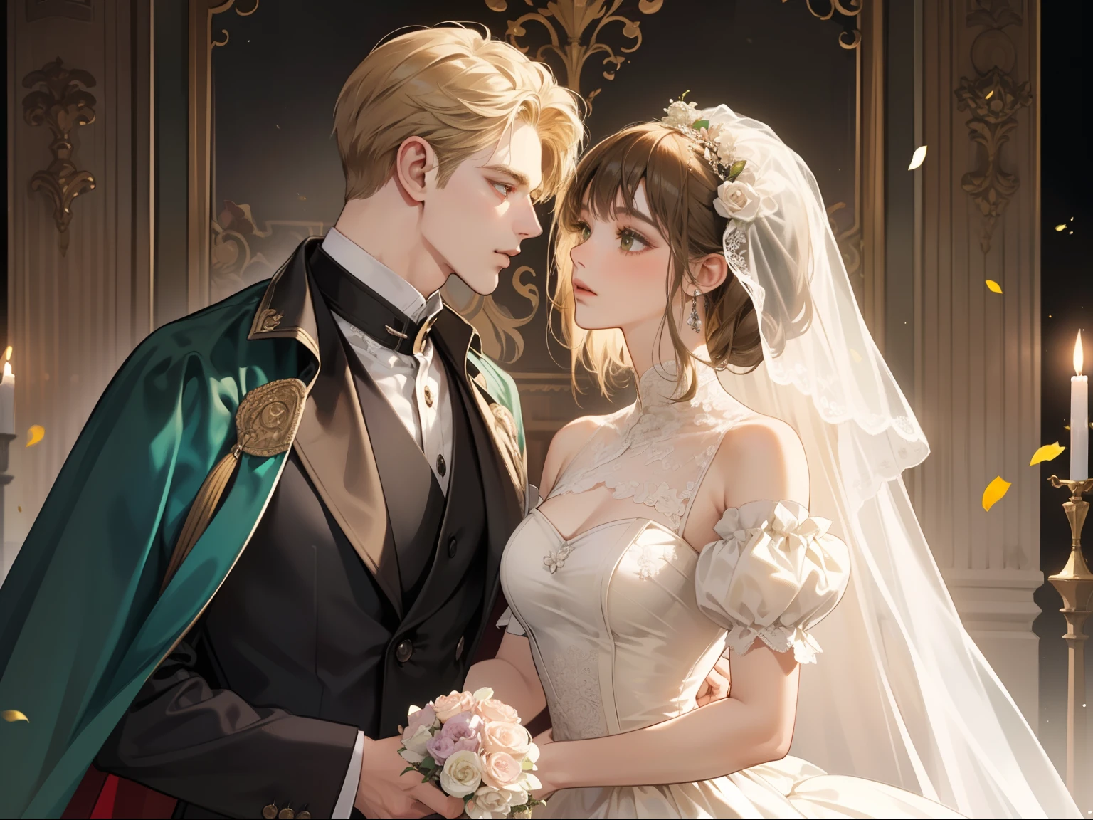 Wedding. Groom with bluish grey prince suit. Bride with Body tight wedding dress in taffeta, short lace sleeves, ruffled. Long veil. Silver and sapphire jewelry and embellishments. Silver tiara, elegant make-up. Castle as background, cinematic light, highly detailed.