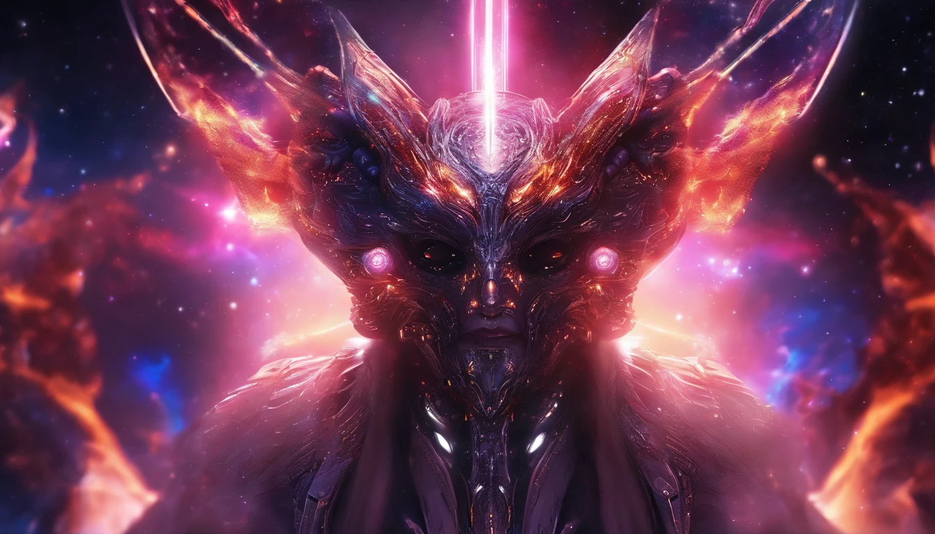 Cosmic Fallen Angel, glowing light eyes, Beautiful face,Bigchest,Biomechanical, eerie, Creepy, nightmarish, Very bright colors, Light particles, with light glowing, Mshiv, wallpaper art, UHD wallpaper