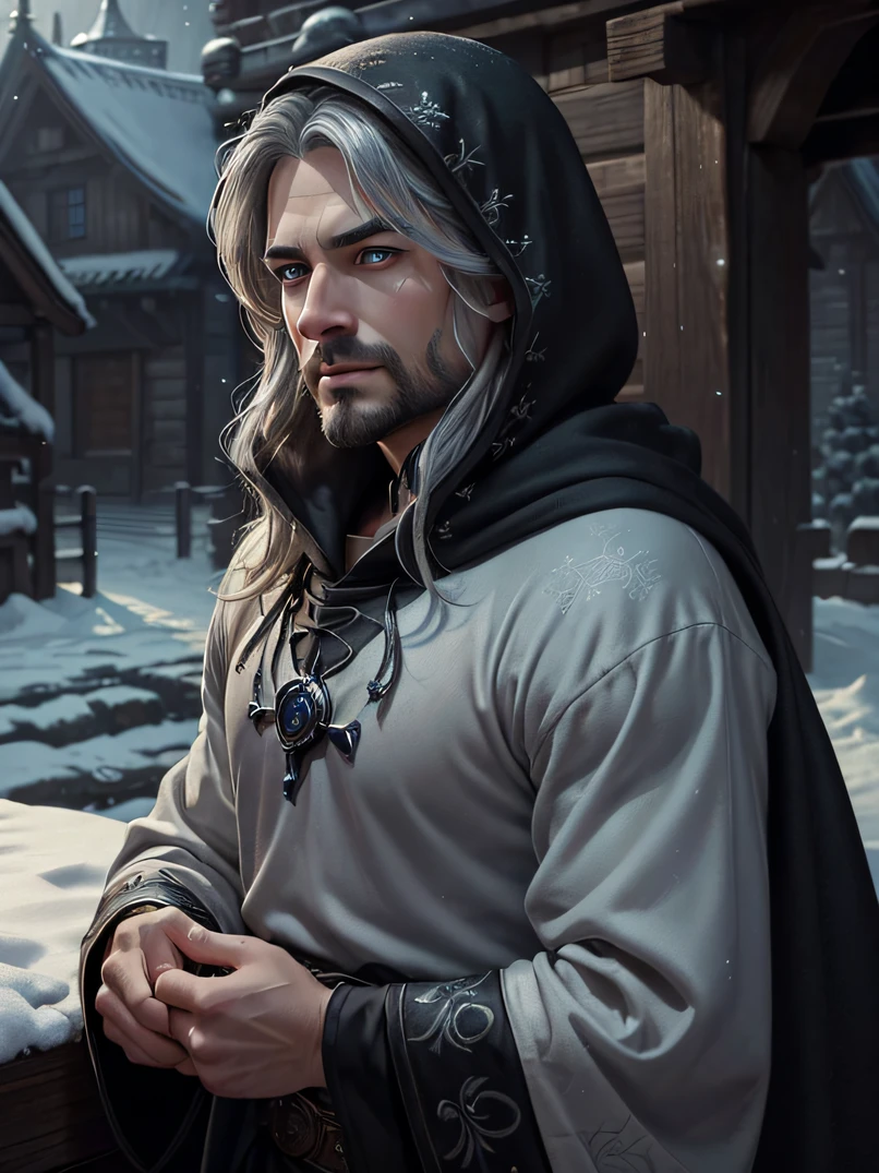(((masterpiece、top-quality、ultra-detailliert、highly detailed CGillustration、extremely delicate and beautiful)))、Unique lighting effects、cowboy shot、face lights、(((Portrait of a 30-year-old man)))、Elegant person、Strong physique、Sorcerer、Dressed in a black magician's robe with a delicate and intricate pattern、(((Wearing a black hood)))、Dirty gray hair、(short jaw)、Big blue eyes、Detailed face and eyes、Sharp eyes、Focus on the face、Detailed hand depiction、Sarcastic laughter、the whole body is wet、Detailed hand depiction、Dimly lit winter morning、Oyuki、Snow-covered roads、Medieval city gate behind、Fantasyart、dark fantasy vibe、watching at viewers
