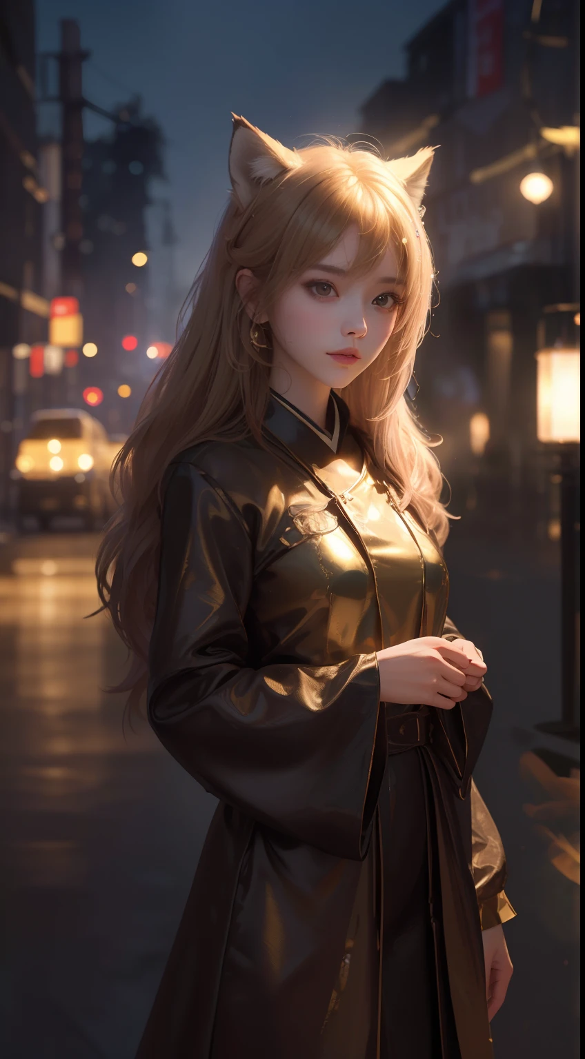 ((Best quality, 8K, Masterpiece: 1.3)), 1girll, Slim as a fox,There are 9 types of syrups,Burn gold in the dark,The ambient light and gloomy lights of Japanese cities focus on the girl,And has the gloss and shadow effect caused by the illumination halo.