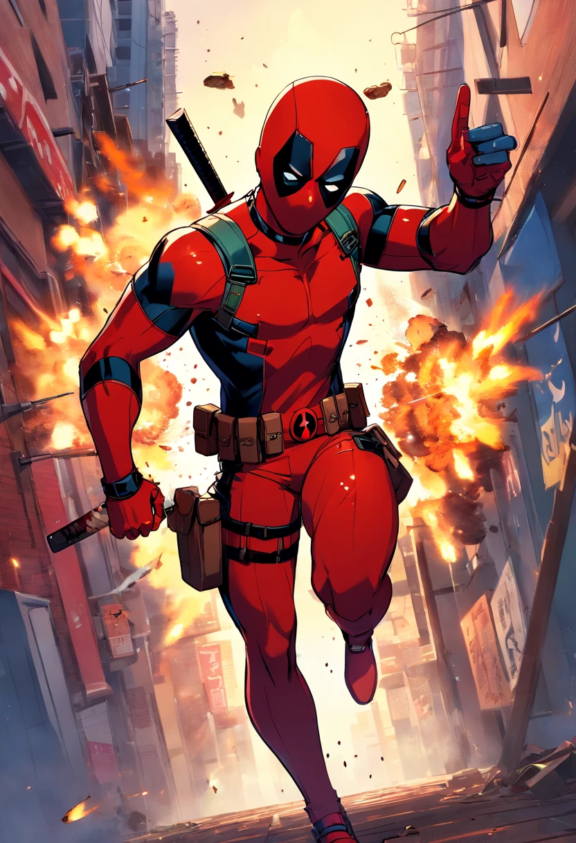 deadpool,marvel,action,character,anti-hero,superhero,masked,vigilante,mercenary,martial arts,fourth wall breaking,vulgar humor,breaking the fourth wall,red&black suit,detailed chest emblem,swords,guns,katanas,comic book style,highly detailed illustration,dynamic poses,bullet holes,explosions,cityscape background,vibrant colors,shadows and highlights,defiant expression,cigar-smoking,cool attitude,scars,mask covering face,deadly combat,badass attitude