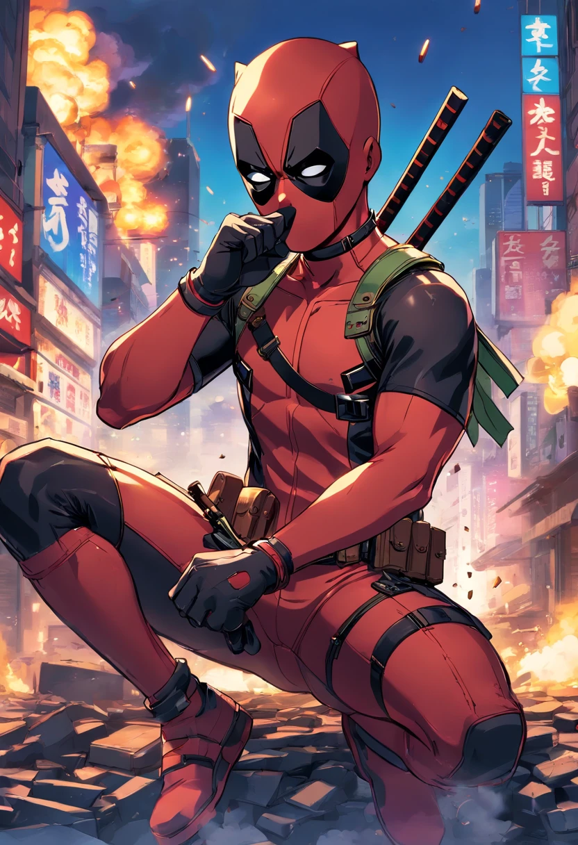 deadpool,marvel,action,character,anti-hero,superhero,masked,vigilante,mercenary,martial arts,fourth wall breaking,vulgar humor,breaking the fourth wall,red&black suit,detailed chest emblem,swords,guns,katanas,comic book style,highly detailed illustration,dynamic poses,bullet holes,explosions,cityscape background,vibrant colors,shadows and highlights,defiant expression,cigar-smoking,cool attitude,scars,mask covering face,deadly combat,badass attitude