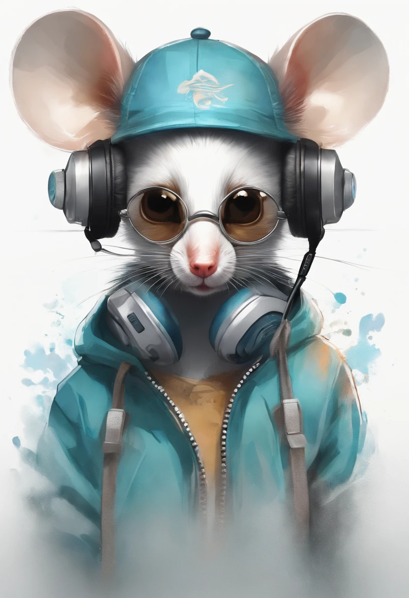 Perfect centering, Cute mouse, Wear a student team jacket, Wearing sunglasses, Wearing headphones, cheerfulness, Standing position, Abstract beauty, Centered, Looking at the camera, Facing the camera, Approaching perfection, Dynamic, Highly detailed, Smooth, Sharp Focus, 8K, hight resolution, Illustration, art by carne griffiths and wadim kashin, White background