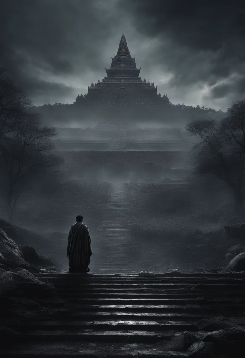 The artwork of the masterpiece is predominantly dark in style,In the distance stands a gorgeous black Buddha statue,Huge and awesome。Pilgrims on the road slowly advance along the stately stone steps,See this magnificent sight。The details are extremely delicate,It's hard to stop and watch。Official art showcases high-quality craftsmanship,Bring viewers an unimaginable visual experience。This painting is HD 8K wallpaper,Will take you into a mysterious and sacred world。