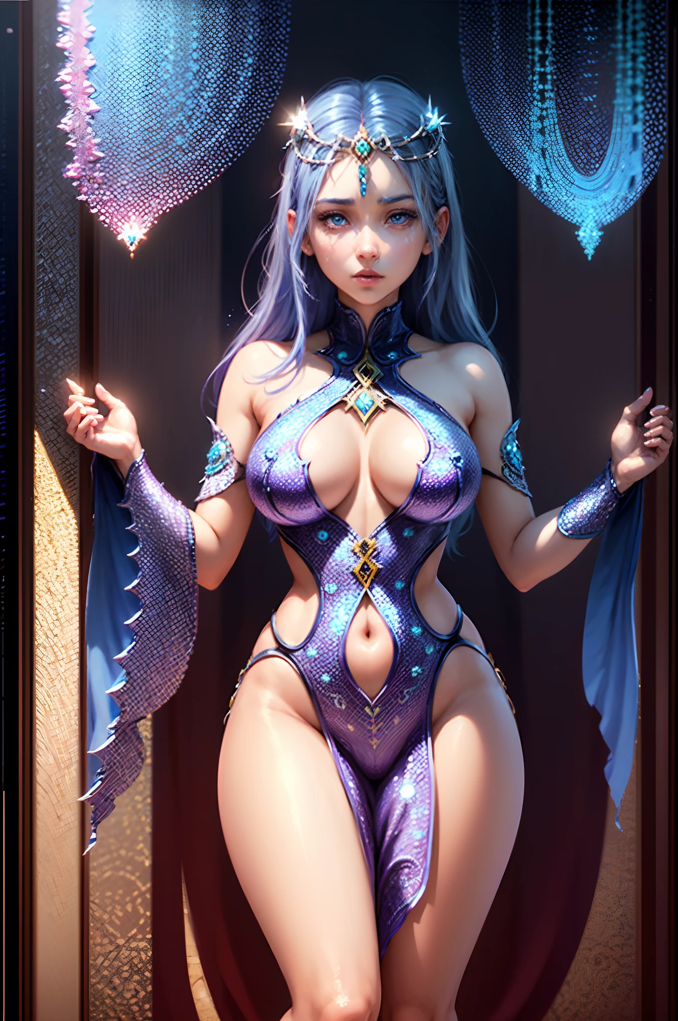 ultrareal, blue hair, big eyes, full frame, full tiara, jewelry, filigree, luxurious pale purple suit, iridescent scales with decoration, aesthetics of the female body, sophisticated, with floral elements, details, hd, delicate background, rainbow , magic, bohemian photography, glitter, sparkle, magical, beautiful, charming, colorful, bright studio lighting, iso800, 30mm lens, f/16, art deco, sweet fantasy, avery fantasy, cgi, 1024K, professional photography, photorealism