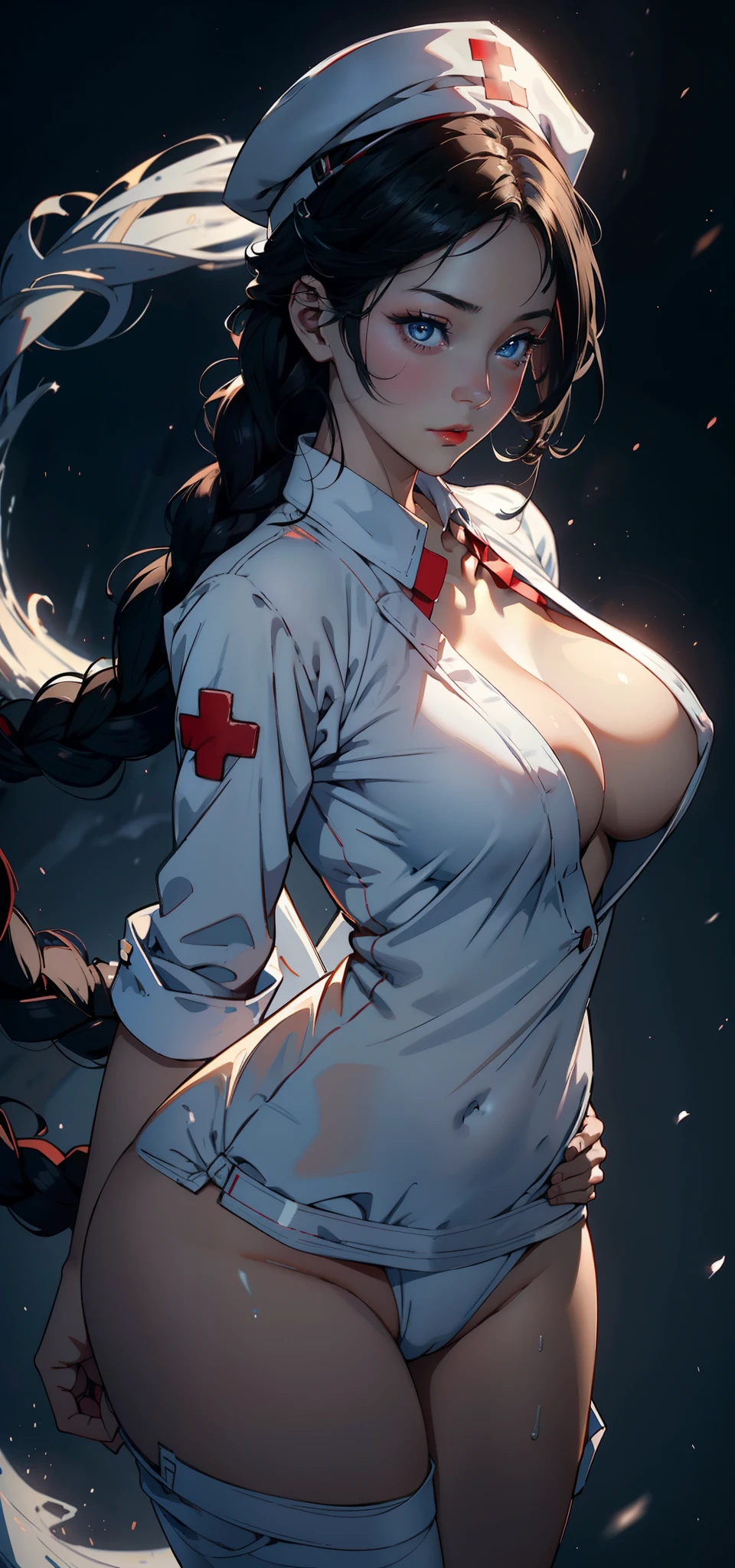 1female，35yo，plumw，extremely large bosom， 独奏，（Background with：hospitals，） She has short black hair，Stand in the operating room，，seen from the front， Twist braids， mostly cloudy sky，（（（tmasterpiece），（Very detailed CG unity 8K wallpaper），best qualtiy，cinmatic lighting，detailed back ground，beatiful detailed eyes，Bright pupils，Blue eyes，Snow-whiteskin，Redlip（Very fine and beautiful），（Beautiful and detailed eye description），ultra - detailed，tmasterpiece，））facing at camera，A high resolution，ultra - detailed），revealing breasts，Bare genitalia，  Bulge，legs are open，Raised sexy，Camel toes，Flushed complexion，Desire for dissatisfaction，frontage，Soviet female nurse，Nurse hat，Black nurse uniform，比基尼，Red Cross Mark