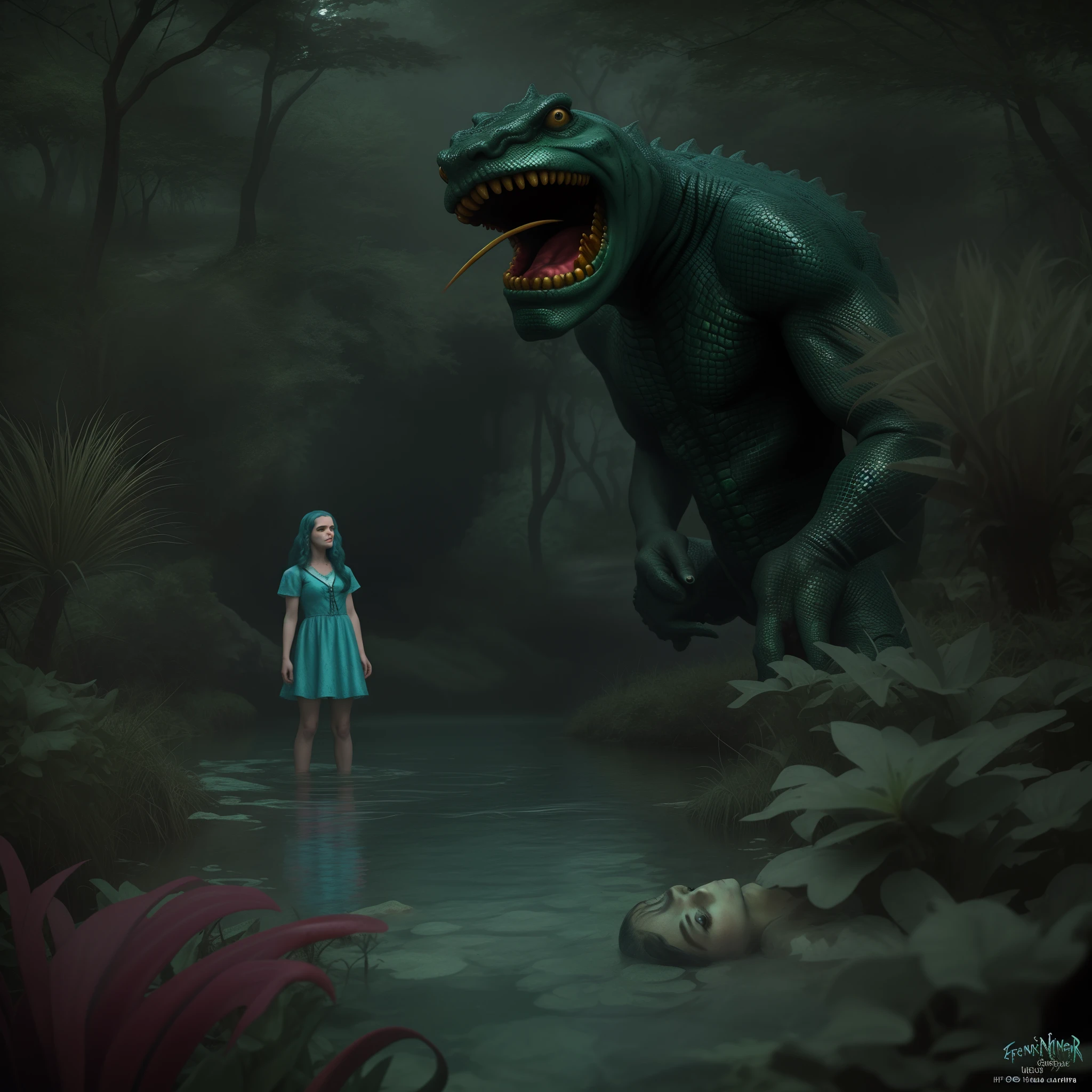 Image of a Fish man and a monster in a swamp, Foto Realista, imagem cinematografica, Criatura da Lagoa Negra, Hieper-realista, imagem CG, ultra-realista, Frank Kelly Freas, scylla and charybdis, Como guerreiros reptilianos atlantes, Innsmouth Ocean - Moradores, Directed by: Kelly Freas, inspirado em Kelly Freas, cryptids, Frank Frazetta Daarken