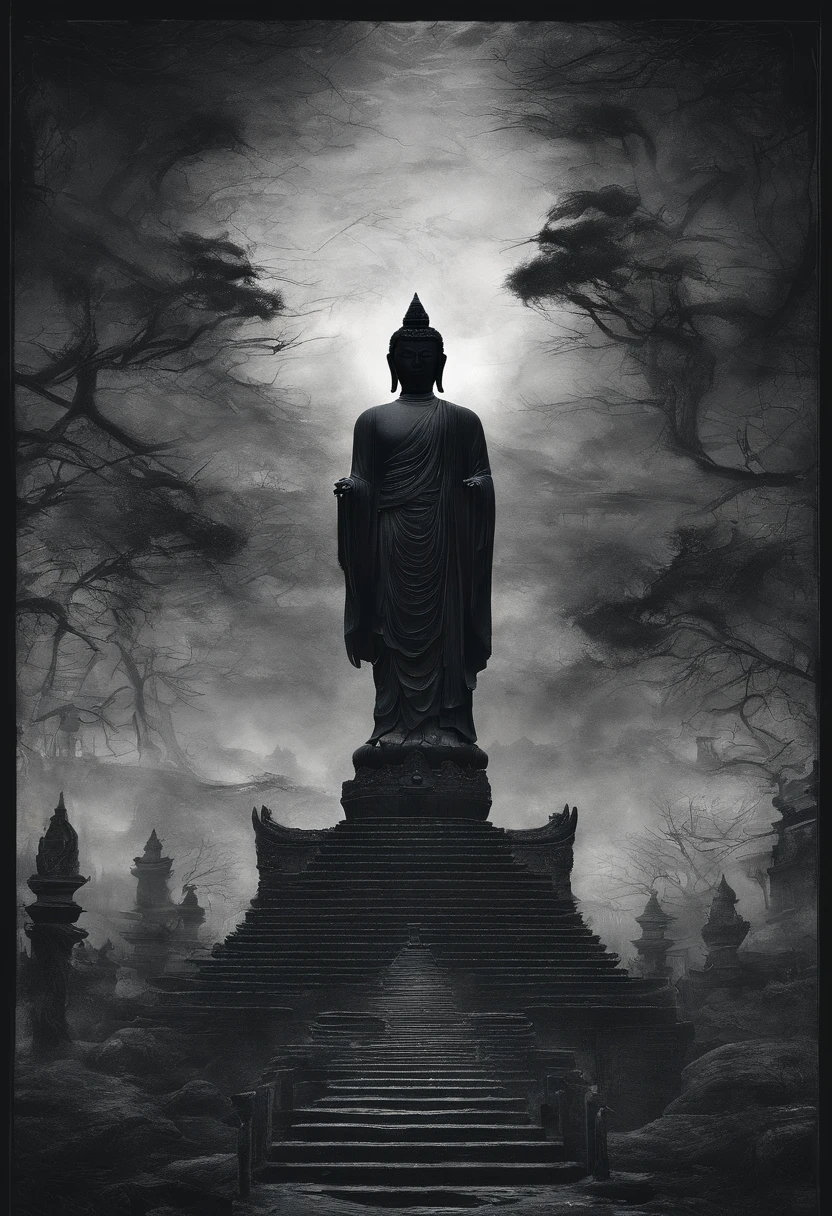 The artwork of the masterpiece is predominantly dark in style,In the distance stands a gorgeous black Buddha statue,Huge and awesome。Pilgrims on the road slowly advance along the stately stone steps,See this magnificent sight。The details are extremely delicate,It's hard to stop and watch。Official art showcases high-quality craftsmanship,Bring viewers an unimaginable visual experience。This painting is HD 8K wallpaper,Will take you into a mysterious and sacred world。