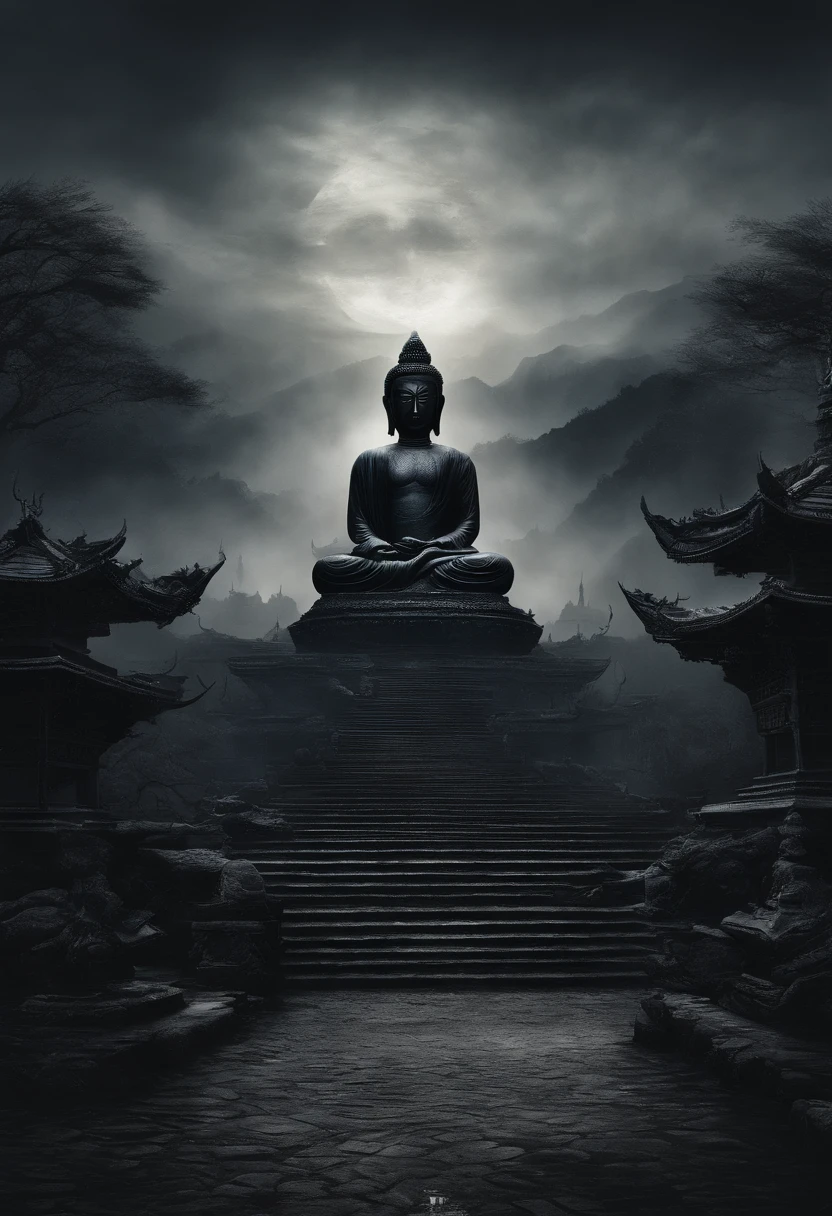 The artwork of the masterpiece is predominantly dark in style,In the distance stands a gorgeous black Buddha statue,Huge and awesome。Pilgrims on the road slowly advance along the stately stone steps,See this magnificent sight。The details are extremely delicate,It's hard to stop and watch。Official art showcases high-quality craftsmanship,Bring viewers an unimaginable visual experience。This painting is HD 8K wallpaper,Will take you into a mysterious and sacred world。