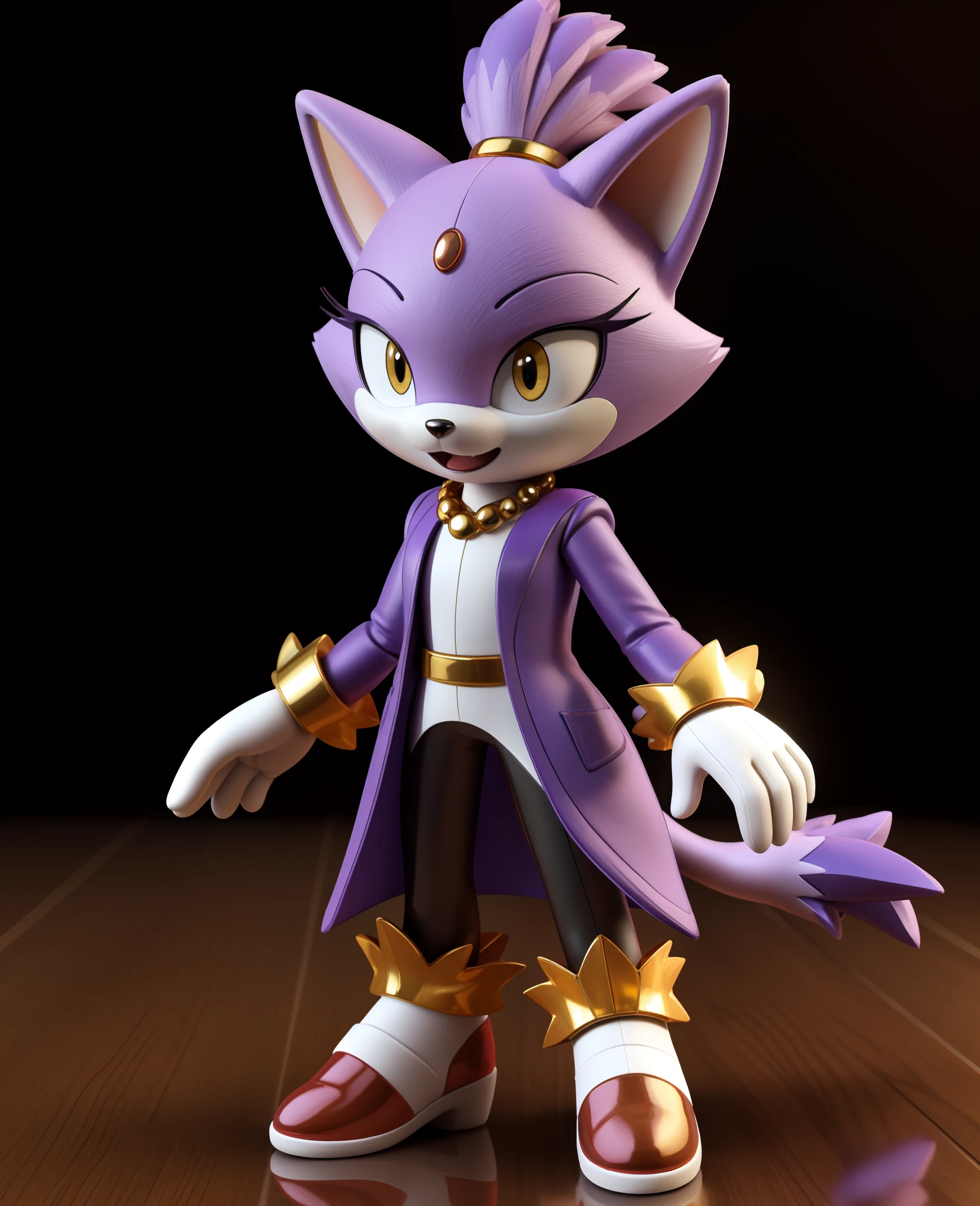 masterpiece, best quality, big hands, Blaze The Cat,  1girl, gold necklace, white jumpsuit, animal_ears, closed_mouth, red forehead_jewel, fur-trimmed_gloves, fur_trim, furry, furry_female, gloves, long_sleeves, purple_coat, purple_hair, solo, standing, tied_hair, (topknot:1.2), white_gloves, white_pants, yellow_eyes, tail, photo background, showcase, 3d model, 3d, toy, plastic, figurine, figure, chibi, turntable, showcase, studio lighting, ultra quality, insane resolution, absurdres,