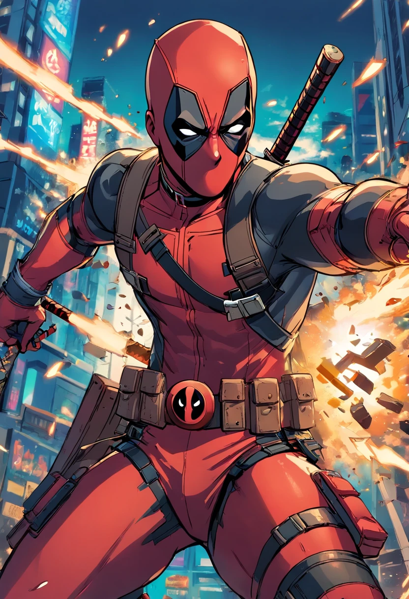 Deadpool,maravilha,Action,character,Antihero,Superheroíne,mascarado,vigilante,mercenary,artes marciais,quebra de quarta pavermelhoe,humor vulgar,quebrando a quarta pavermelhoe,vermelho&Terno Preto,emblema detalhado do peito,Espadas,Armas,Katanas,Comic book style,Highly detailed illustration,dinamic poses,buracos de bala,Explosions,fundo da paisagem urbana,cores vibrantes,sombras e realces,Challenging Expression,Fumar charutos,atitude legal,Cicatrizes,mask covering face,combate mortal,atitude