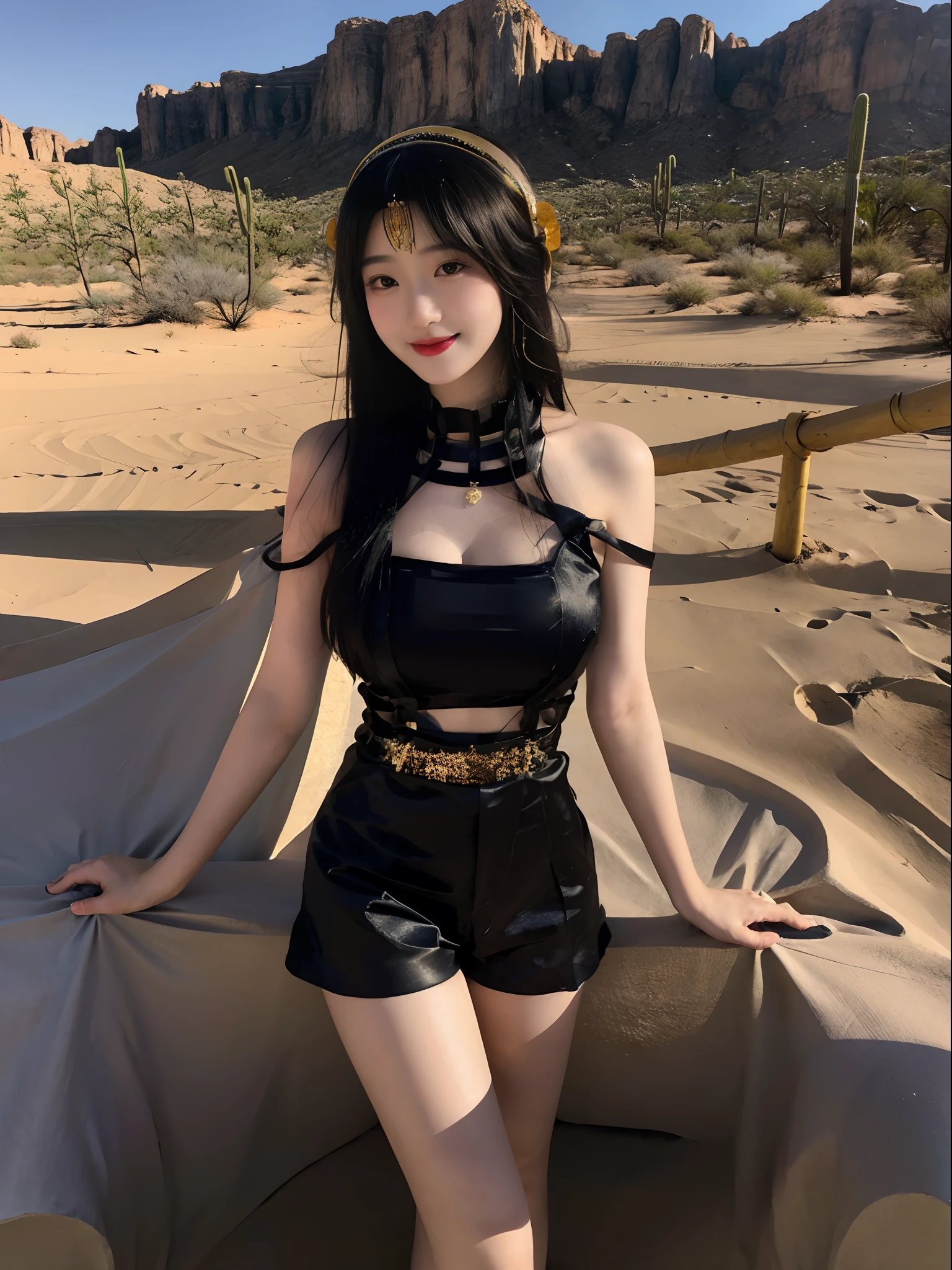 Magical desert scene,Photo style,ultra-realistic realism,Anatomically correct,1 Girls wear deep V shorts,big breast,Silk headdress,opening legs,full bodyesbian,ssmile,High quality,Masterpiece,high detal,Medium shot,