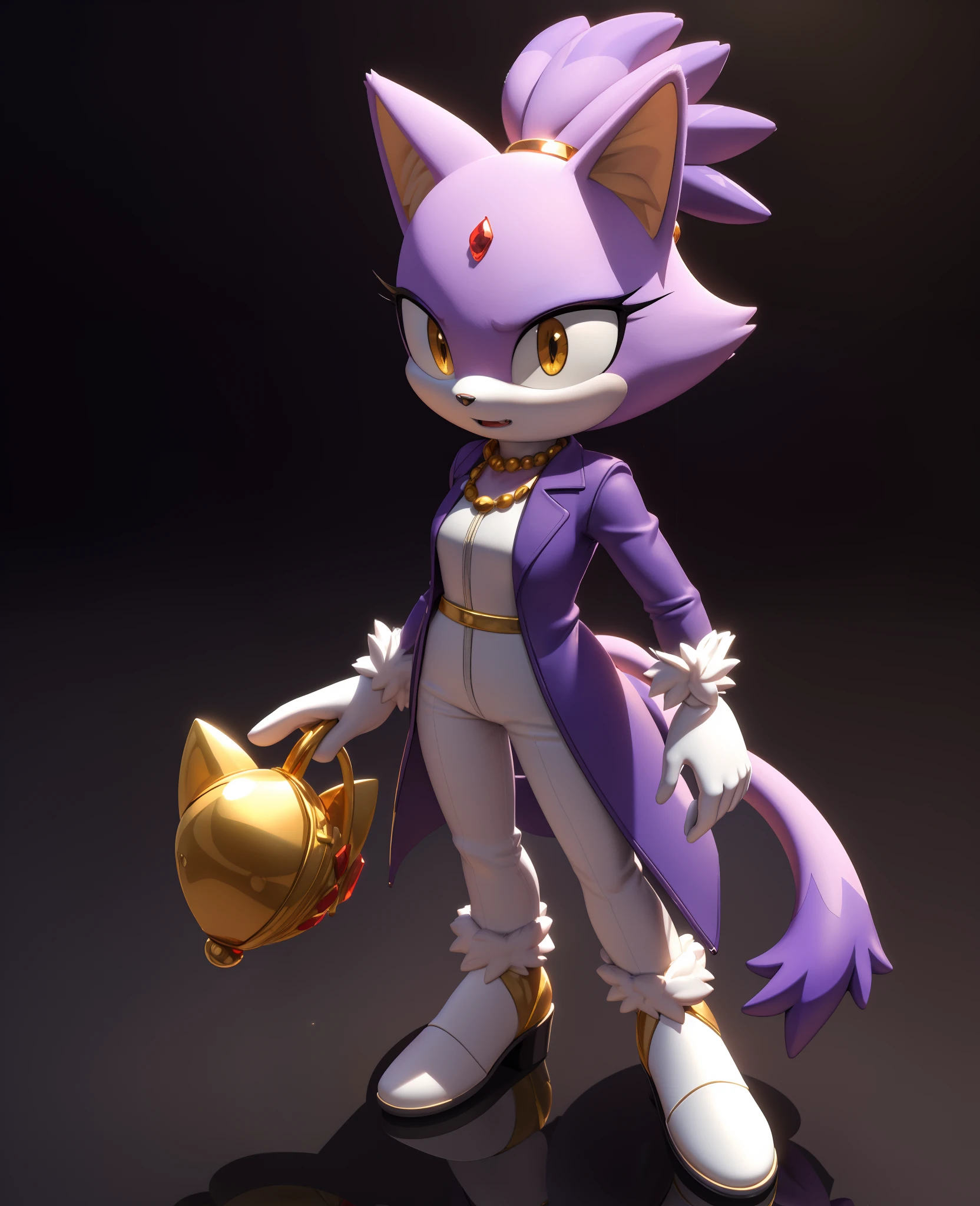 masterpiece, best quality, big hands, Blaze The Cat, 1girl, gold necklace, white jumpsuit, animal_ears, closed_mouth, red forehead_jewel, fur-trimmed_gloves, fur_trim, furry, furry_female, gloves, long_sleeves, purple_coat, purple_hair, solo, standing, tied_hair, (topknot:1.2), white_gloves, white_pants, yellow_eyes, tail, photo background, showcase, 3d model, 3d, toy, plastic, figurine, figure, chibi, turntable, showcase, studio lighting, ultra quality, insane resolution, absurdres,