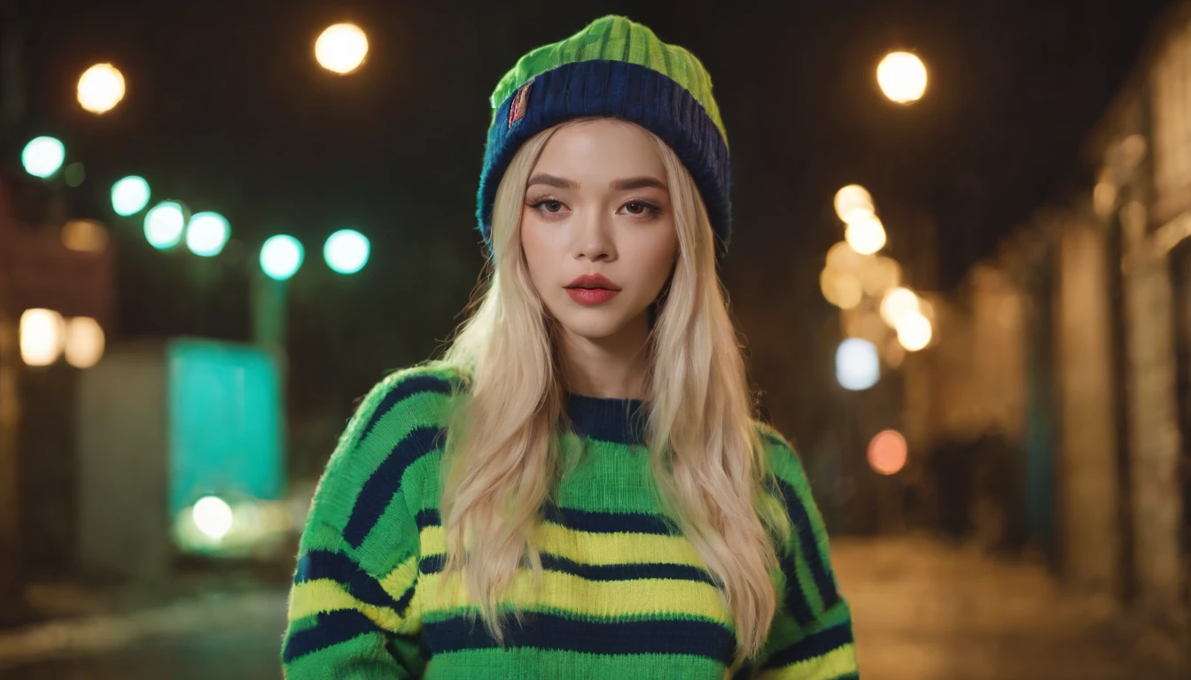 Blonde woman in a bright green hat and blue and yellow striped sweater, Dark neon punk, cl, Neon & Dark, e-girl, Rosanna Park BlackPink, e - girl, neon hair, Neon vibes, ulzzang, portrait of jossi of blackpink, Jossie from Blackpink, Billie Eilish, Lord Billie Eilish, neon eyes, Neon style