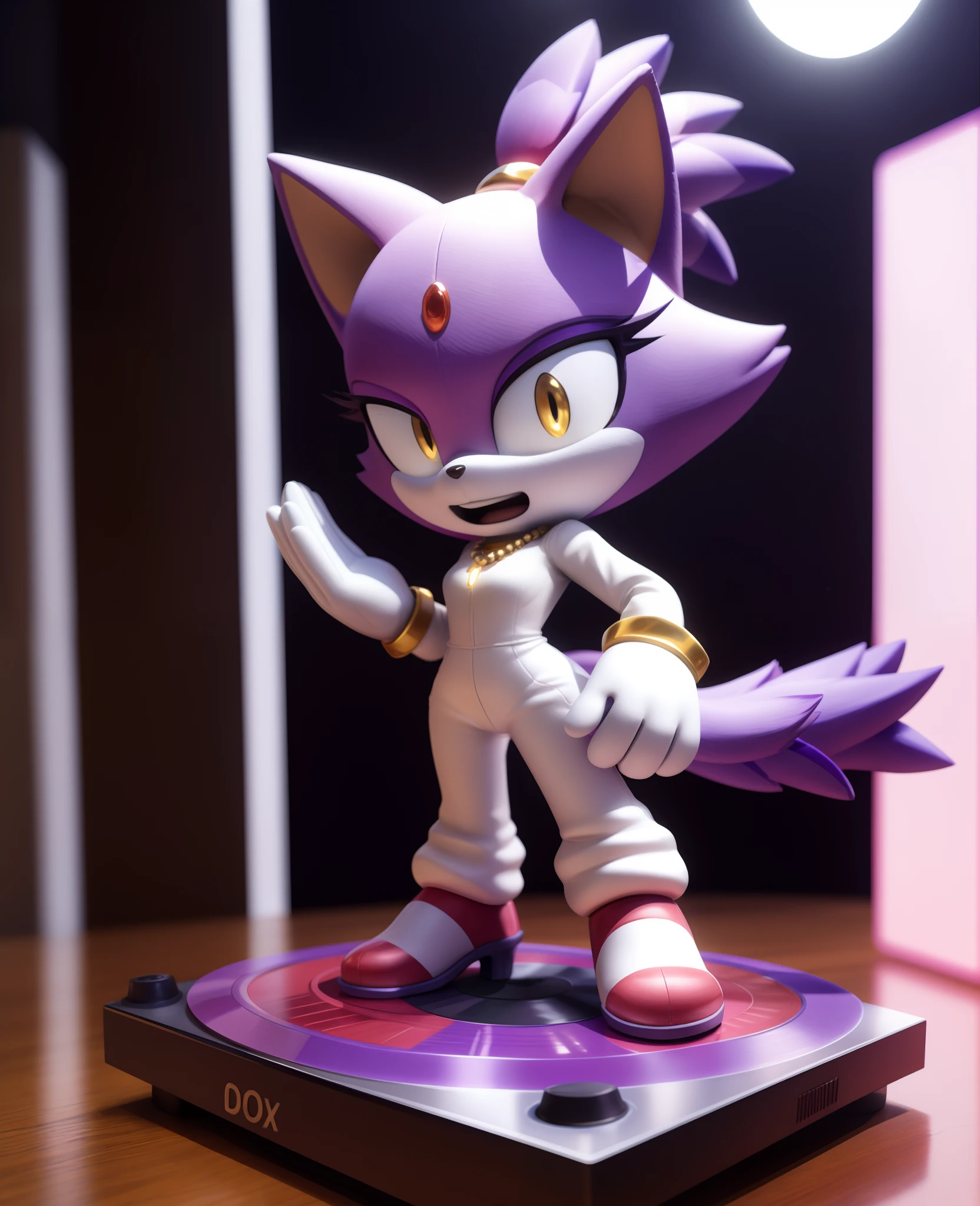 masterpiece, best quality, big hands, Blaze The Cat, 1girl, gold necklace, white jumpsuit, animal_ears, closed_mouth, red forehead_jewel, fur-trimmed_gloves, fur_trim, furry, furry_female, gloves, long_sleeves, purple_coat, purple_hair, solo, standing, tied_hair, (topknot:1.2), white_gloves, white_pants, yellow_eyes, tail, photo background, showcase, 3d model, 3d, toy, plastic, figurine, figure, chibi, turntable, showcase, studio lighting, ultra quality, insane resolution, absurdres,