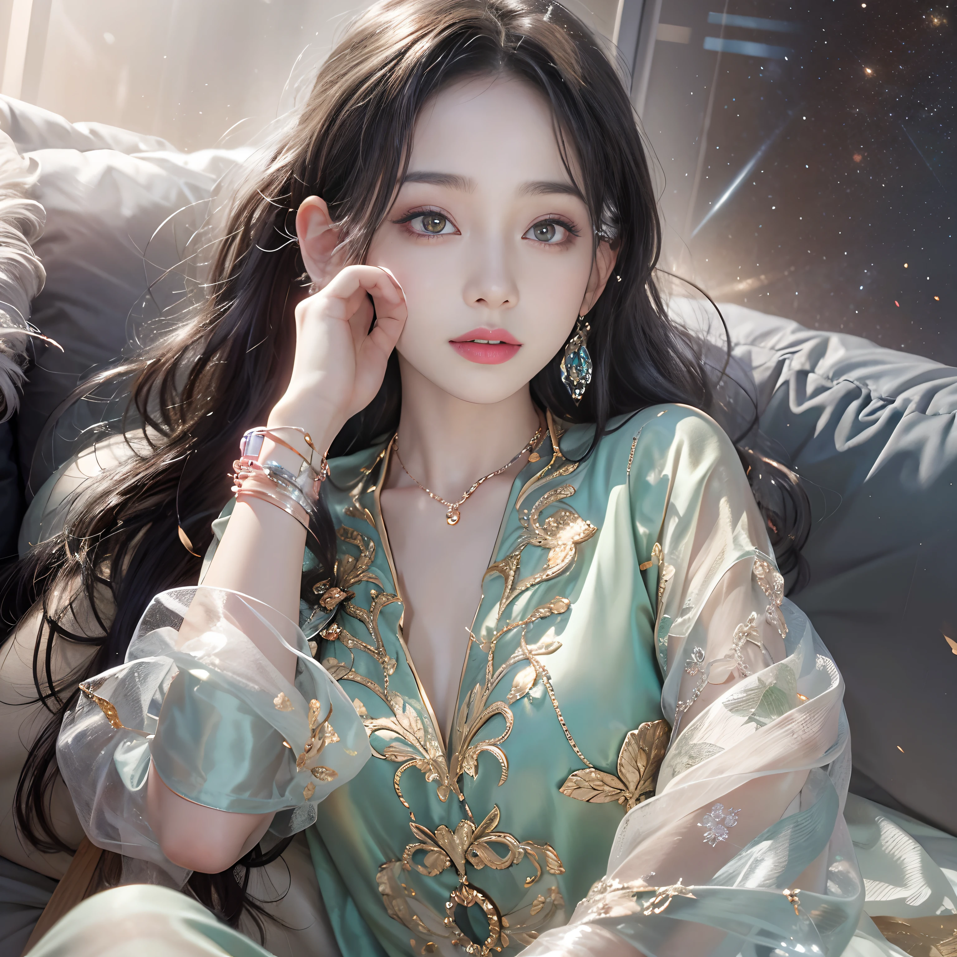 1girll,(enchanced quality:1.4),(Top quality true texture skin), Delicate face,Black hair, Gradient hair, Petite body,(perfect bodies:1.1), There are precious stones on the forehead, rimless eyewears, Sparkling pupils,long eyelasher,grin, hyper photorealism, Cinematic lighting, projected inset, surrealism, hyper HD, Masterpiece, 16k,Lie down,dream on,Wear transparent silk pajamas,Carmelto,Legs slightly open,Tattooed with,Fantasy space,Luxurious space