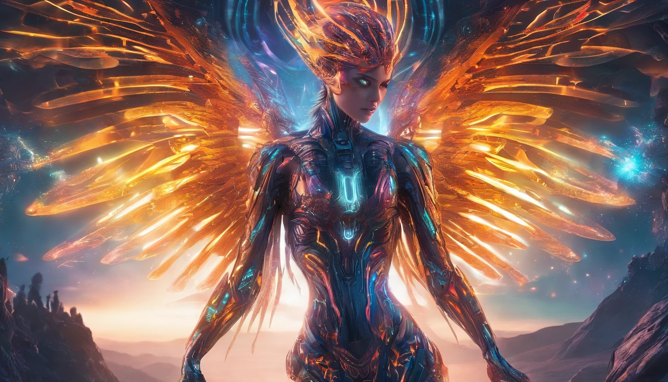 Cosmic Fallen Angel, glowing light eyes, Beautiful face,Bigchest,Biomechanical, eerie, Creepy, nightmarish, Very bright colors, Light particles, with light glowing, Mshiv, wallpaper art, UHD wallpaper
