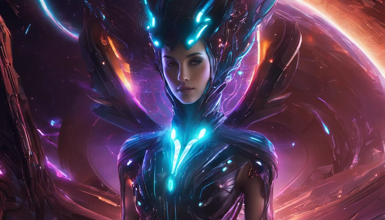 Cosmic Fallen Angel, glowing light eyes, Beautiful face,Bigchest,Biomechanical, eerie, Creepy, nightmarish, Very bright colors, Light particles, with light glowing, Mshiv, wallpaper art, UHD wallpaper
