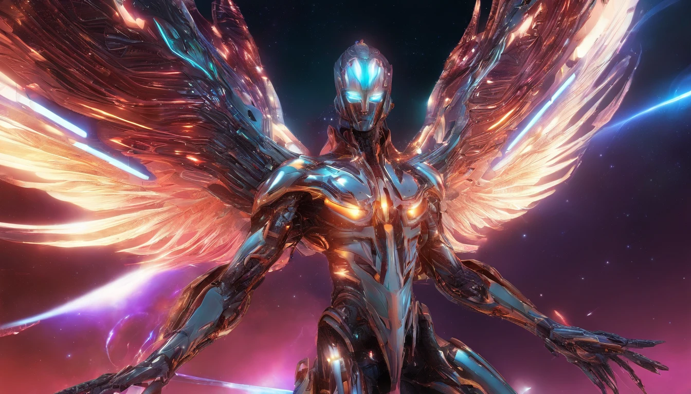 Cosmic Fallen Angel, glowing light eyes, Beautiful face，Bigchest，Biomechanical, eerie, Creepy, nightmarish, Very bright colors, Light particles, with light glowing, Mshiv, wallpaper art, UHD wallpaper