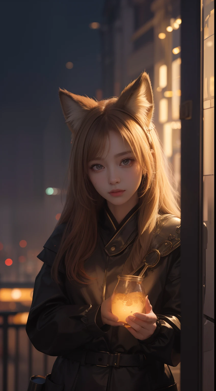 ((Best quality, 8K, Masterpiece: 1.3)), 1girll, Slim as a fox，There are 9 types of syrups，Burn gold in the dark，The ambient light and gloomy lights of Japanese cities focus on the girl，And has the gloss and shadow effect caused by the illumination halo.