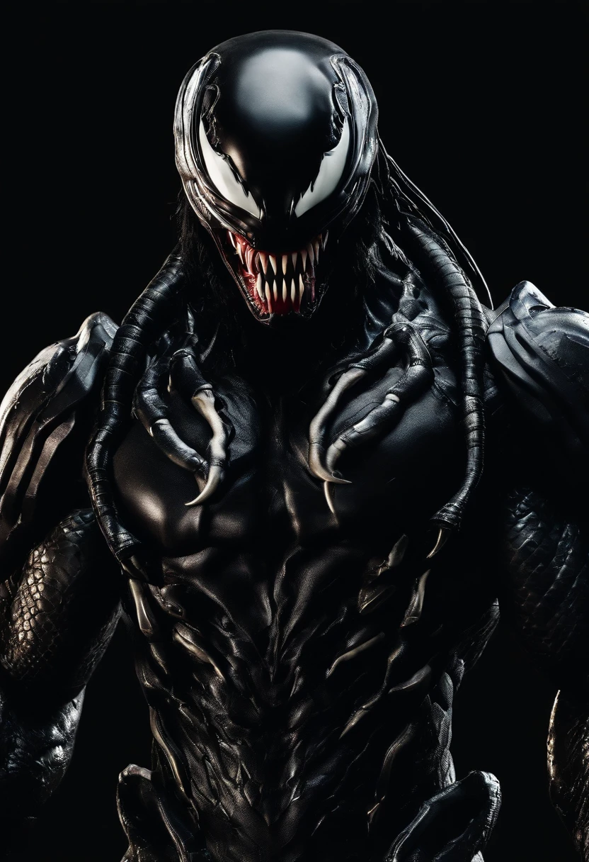 bs, solo, simple background, monochrome, upper body, greyscale, bodysuit, black background, 1other, monster, arms at sides, horror (theme), alien, mutant