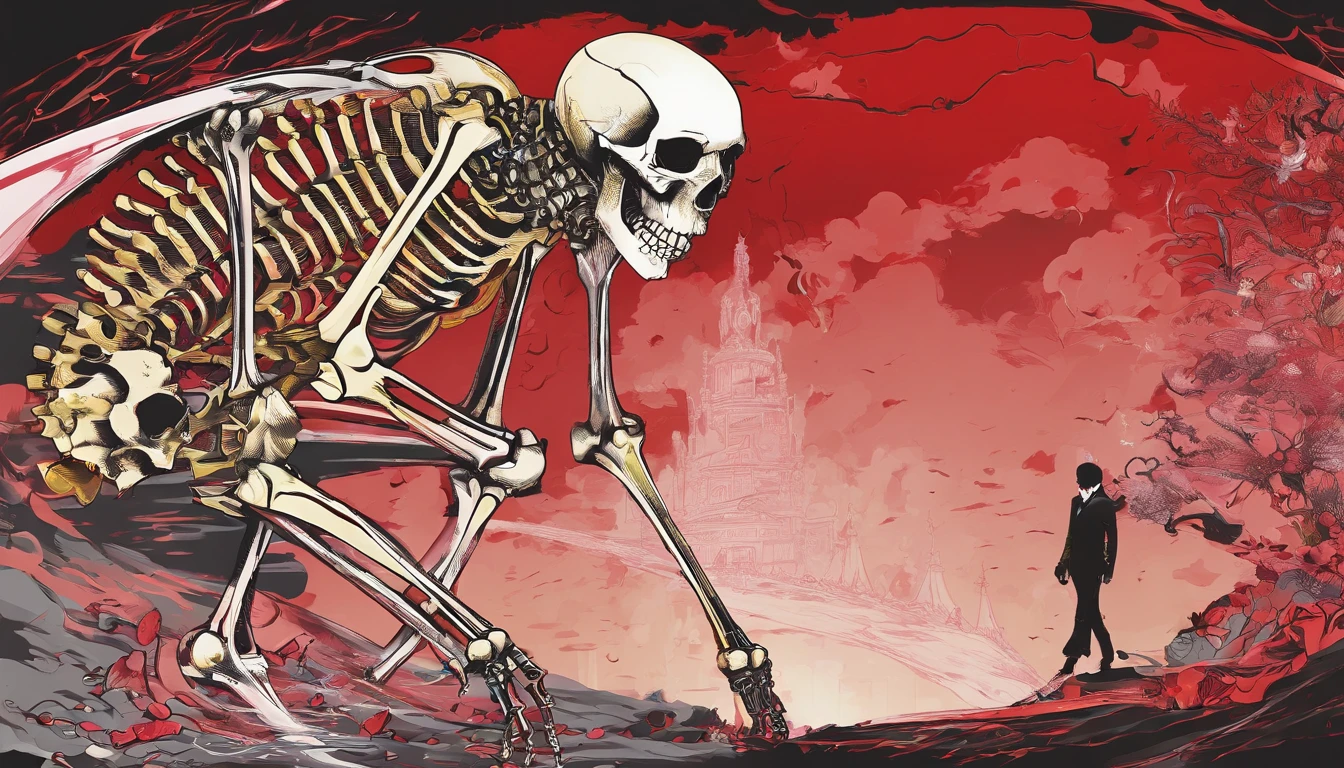 Half skeleton, half human,Gold pistol,Red light,ablaze with intensity,Scattered bones,Fog,火焰