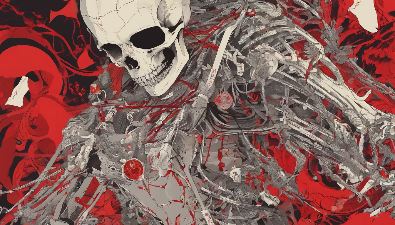 Half skeleton, half human，Gold pistol，Red light，ablaze with intensity，Scattered bones，Fog，火焰