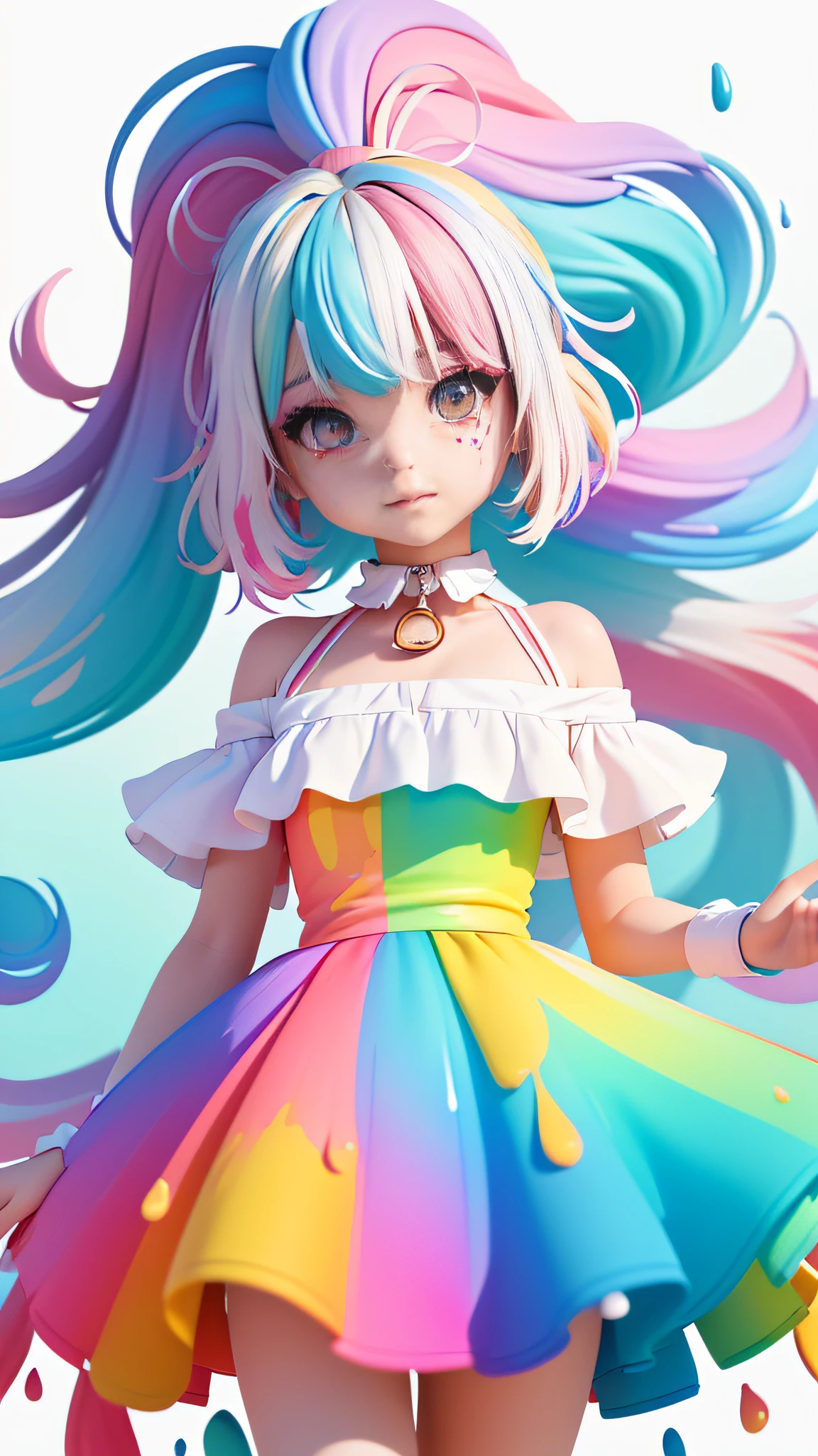 （Pink Fashion T-shirt：1.9），(Colorful hair: 1.8), (all the colours of the rainbow: 1.8),(((((vertical painting：1.6))), （painting：1.6），front, comics, illustrations, paintings, large eyes, crystal clear eyes,（ rainbow color gradient high ponytail：1.7）, exquisite makeup, closed mouth,(Small Fresh: 1.5),(Wipe Chest: 1.6) ，long eyelashes, white off shoulder T-shirt,  White Shoulder Shirt，looking at the audience, large watery eyes, (rainbow colored hair：1.6), color splash, （solo：1.8）, color splash, color explosion, thick paint style, messy lines, ((shining))，(colorful), (colorful), (colorful), colorful, Thick Paint Style, (Splash) (Color Splash), Vertical Painting, Upper Body, Paint Splash, Acrylic Pigment, Gradient, Paint, Highest Image Quality, Highest Quality, Masterpiece, Solo, Depth of Field, Face Paint,  colorful clothes, (Elegant: 1.2), gorgeous,long hair, wind, (Elegant: 1.3), (Petals: 1.4)，(((masterpiece))),(((best quality))),((ultra-detailed)),(illustration),(dynamic angle),((floating)),(paint),((disheveled hair)),(solo),(1girl) , (((detailed anima face))),((beautiful detailed face)),collar,bare shoulders,white hair, ((colorful hair)),((streaked hair)),beautiful detailed eyes,(Gradient color eyes),(((colorful eyes))),(((colorful background))),(((high saturation))),(((surrounded by colorful splashes))),