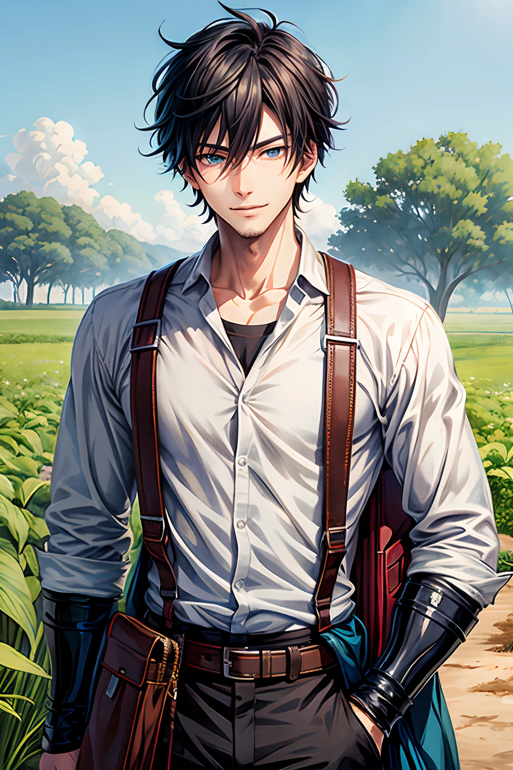 anime boy with a bag in his hand standing in a field, anime handsome man, anime portrait of a handsome man, tall anime guy with blue eyes, handsome guy in demon slayer art, young anime man, artwork in the style of guweiz, anime boy, detailed anime character art, highly detailed exquisite fanart, makoto shinkai and artgerm, solo, 1boy, Farmer, Farm background, smile