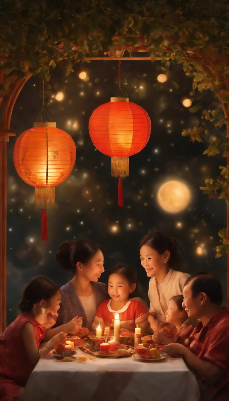 The family sits together, Enjoy a festive dinner, Surrounded by a warm and comfortable atmosphere. The room was beautifully decorated，Equipped with lanterns, Symbolizes the joy of the Mid-Autumn Festival. The table is filled with a variety of delicacies, Includes traditional mooncakes. Moonlight shone through the windows, Cast a soft glow on everyone's face. The family smiled and talked, Express their love and happiness on this special occasion. The artwork is created with the finest materials, Such as oil painting or high-resolution digital rendering, Ensure the highest quality and detail. The colors are vivid and vibrant, Create visually stunning representations for holiday celebrations. Well designed lighting, Focus on capturing the warm and tranquil atmosphere of the evening. The artwork is a masterpiece, With ultra-fine elements and realistic, Photorealistic style. The moon in the night sky is depicted as a perfect circle, Represents the full moon of the Mid-Autumn Festival. The scene was full of fun, Love, and togetherness, Capture the essence of the festival.