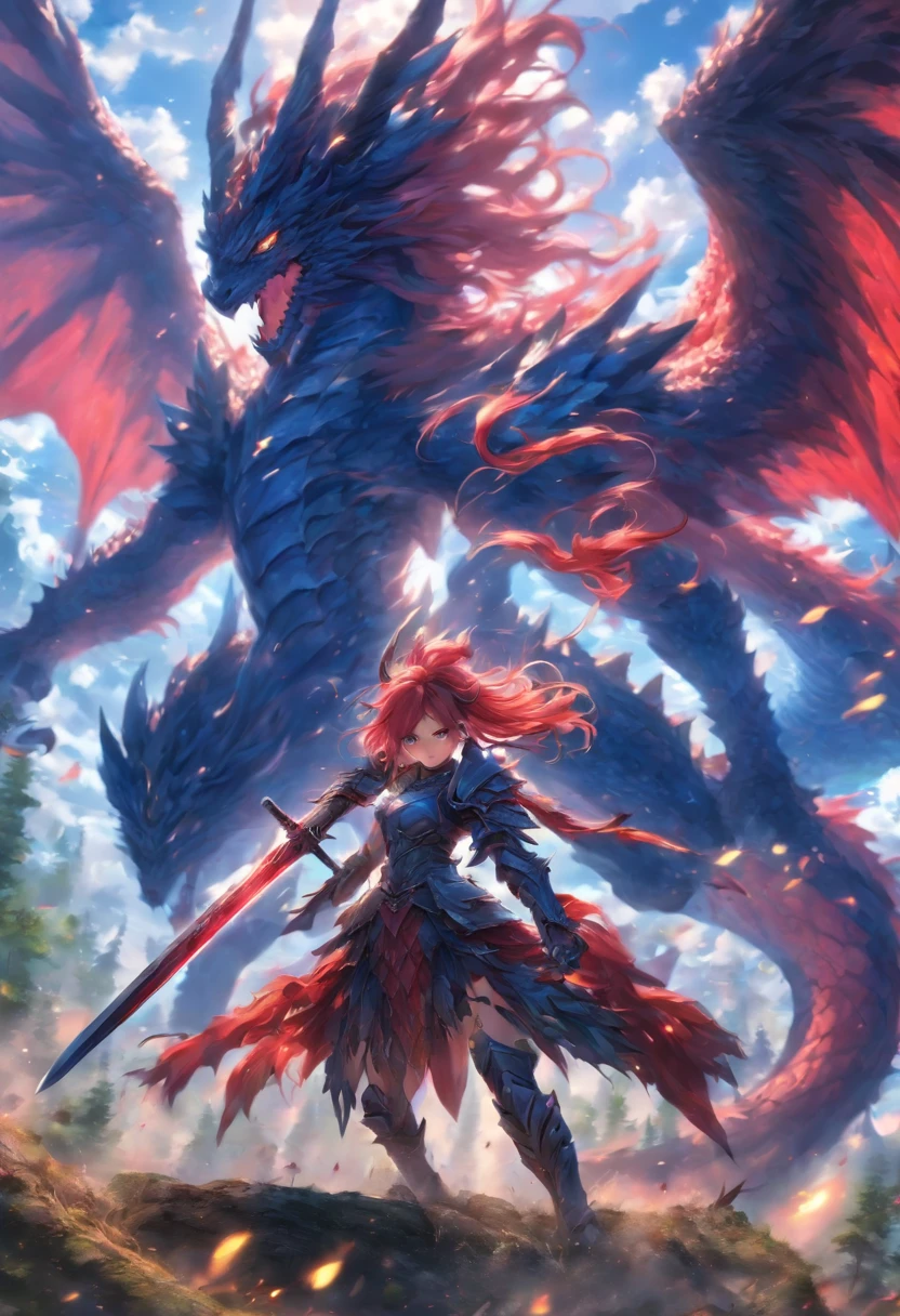 2 girls in armor with long sword, Blue and red hair fight against devils with, Dragon-like wings hinder clouds and forest, UHD, masterpiece, anatomically correct, high details, super detail, textured skin, best quality, 8k