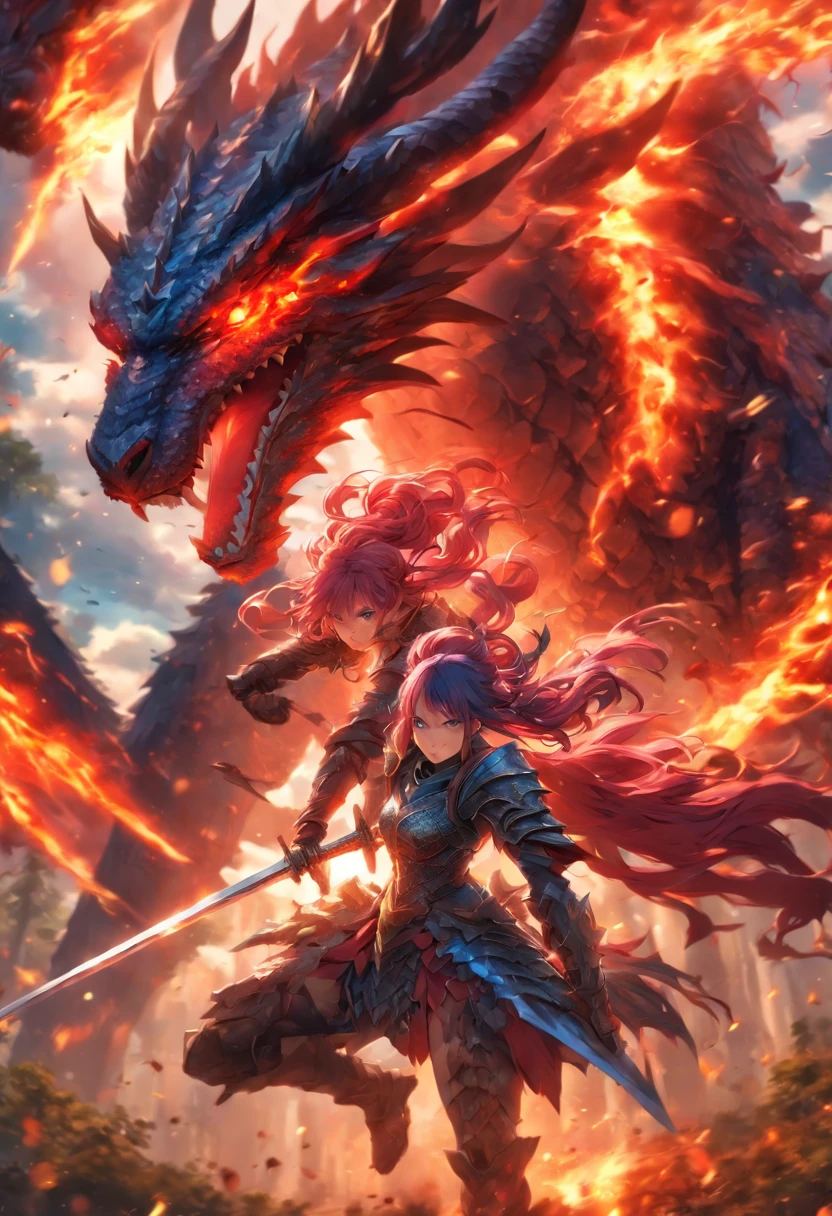 2 girls in armor with long sword, Blue and red hair fight against devils with, Dragon-like wings hinder clouds and forest, UHD, masterpiece, anatomically correct, high details, super detail, textured skin, best quality, 8k