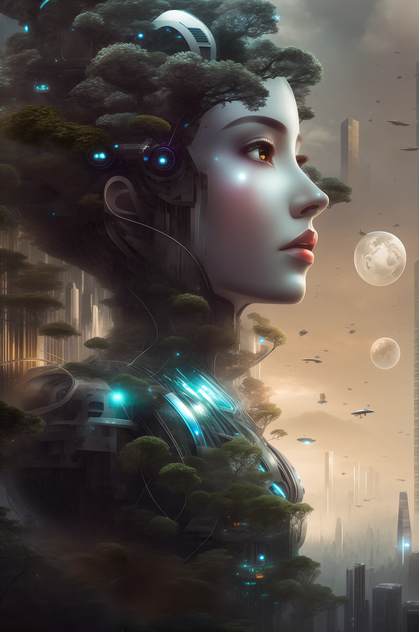 There was a woman with a tree in her hair,The background is a building, portrait beautiful sci - fi girl, inspired by Marek Okon, Beautiful digital artwork, science fiction digital art, sci-fy, Science-fi digital art illustration, portrait of a sci - fi woman, Inspired by Ai Xuan, stunning digital illustration, futuristic woman portrait,The face bears traces of technological modification