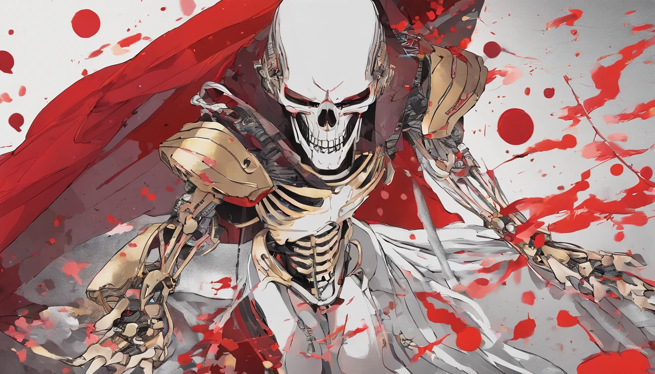 Half skeleton, half human,Gold pistol,Red light,ablaze with intensity,Scattered bones,Fog,火焰,combats,Blood