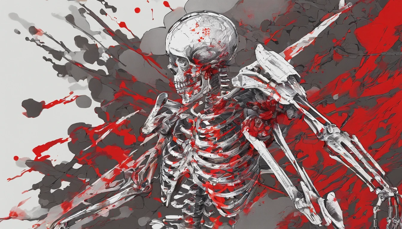 Half skeleton, half human,Gold pistol,Red light,ablaze with intensity,Scattered bones,Fog,火焰,combats,Blood