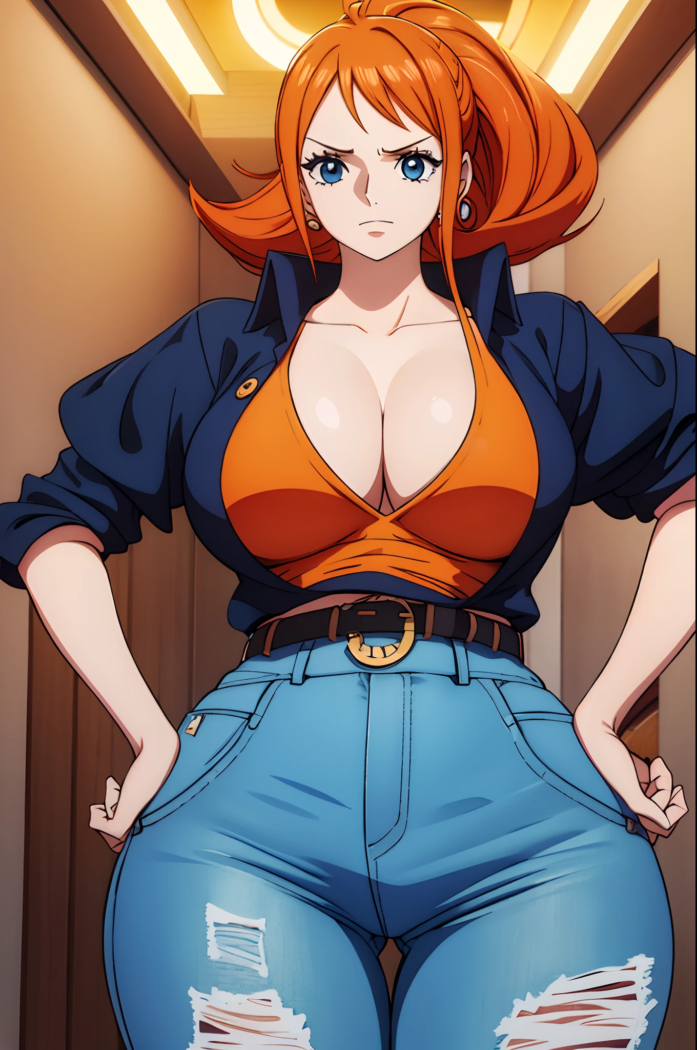 1girl, cabelos longos, orange hair, corpo suculento, body curvy, curvy ass, Curvilinear waist, Curvilinear waist, seios grandes, Seios enormes, seios estourados, bikini blue, thick bikini, coxas grossas, olhos castanhos, Nos, one piece, piece of master, rosto perfeito, jeans shorts, blue top bikini