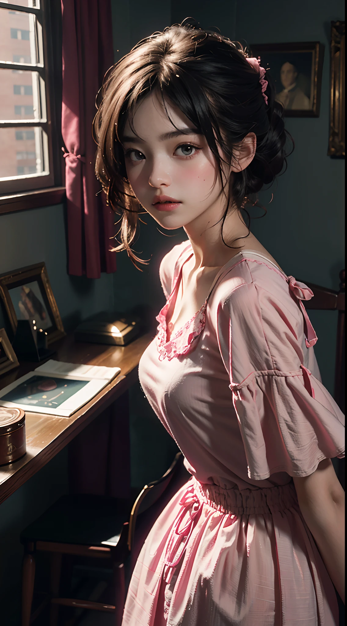 Best quality, masterpiece, super high resolution, (fidelity: 1.4), original photo, 1girl, pink dress, cinematic lighting