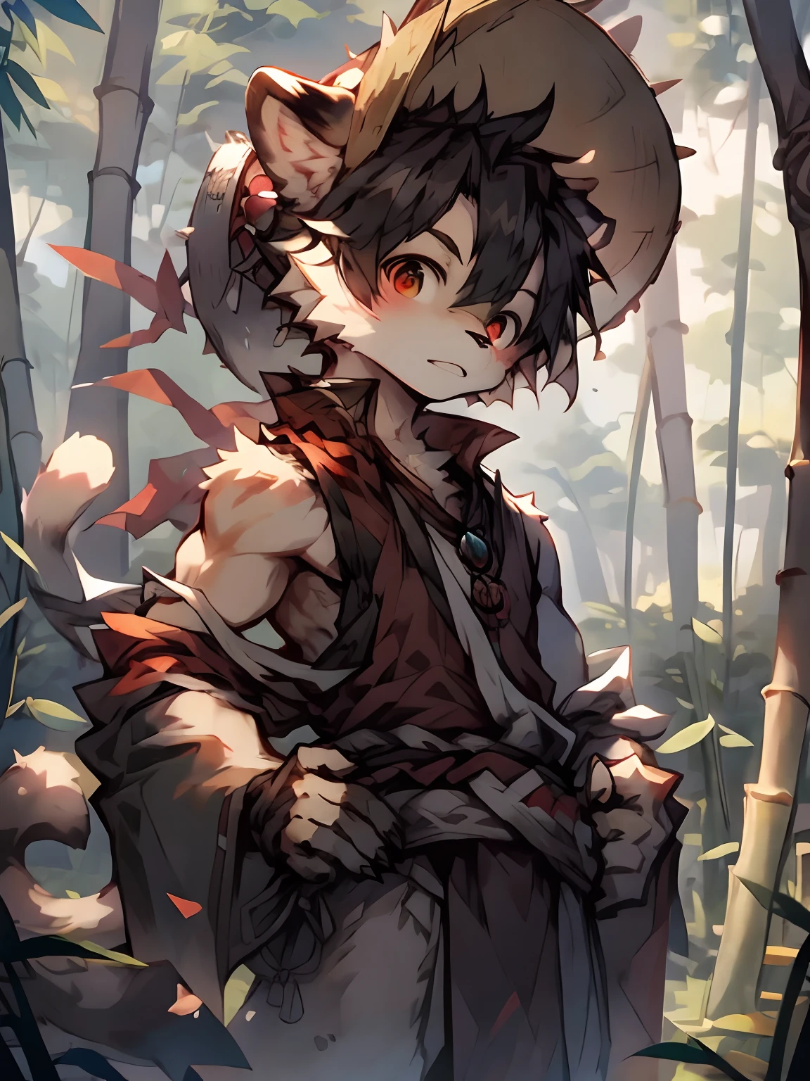 High saturation, Masterpiece, Fully naked,Male genitalia,erected ,Best quality, Extremely detailed, Depth of field, Male, anthro, Solo, (brown:1.2) furry wolf, Muscular, Full body portrait of the character, Bamboo forest, (Bamboo) Rain cap, (spiky:1.3) Hat, (Conical:1.2) Hat, Black and red sleeveless clothing, Daylight, posing on a,(author:Puinki,By Artists:1.2),(author:Unreal Land,author:Sumi Kuroi,author:Milk Tiger 1145,author:Morkey,author:Emolga 1