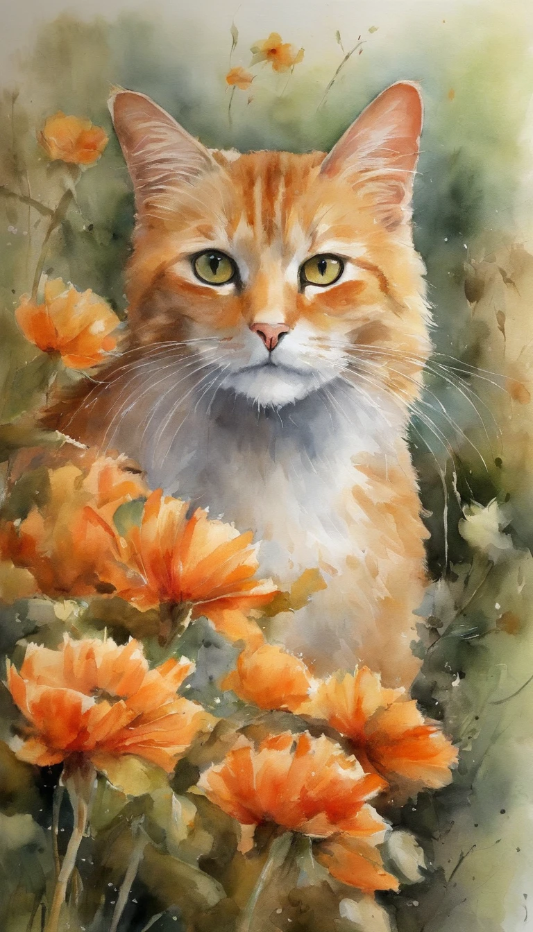 Garden cat,Under the sun,Warm orange hair,Detailed sketch style,Close up focusing on cat's eye,Mao's eyes are painted with a jewel-like material,Add cat purr,It's a warm and peaceful sight...