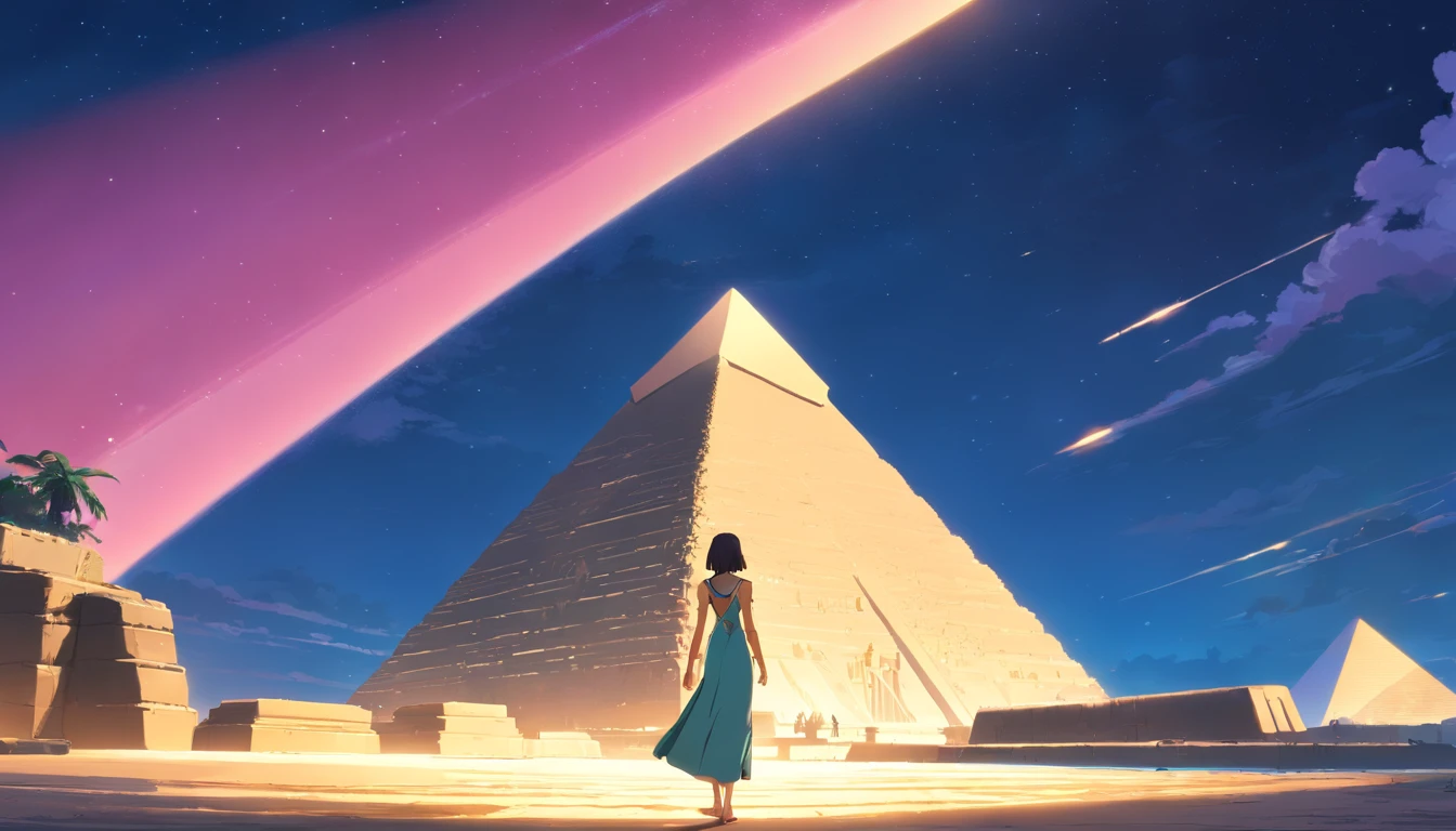 sinistro, the impressive Queen Cleopatra positioned on the left and wearing the full-length dress size, Looking back at the pyramid, Amber and pink light in the sky, a breathtaking masterpiece of True HD photography, featuring exquisite detail and unparalleled clarity, captured with an 8K resolution and the exceptional Leica lens, in an epic and inspiring scene.