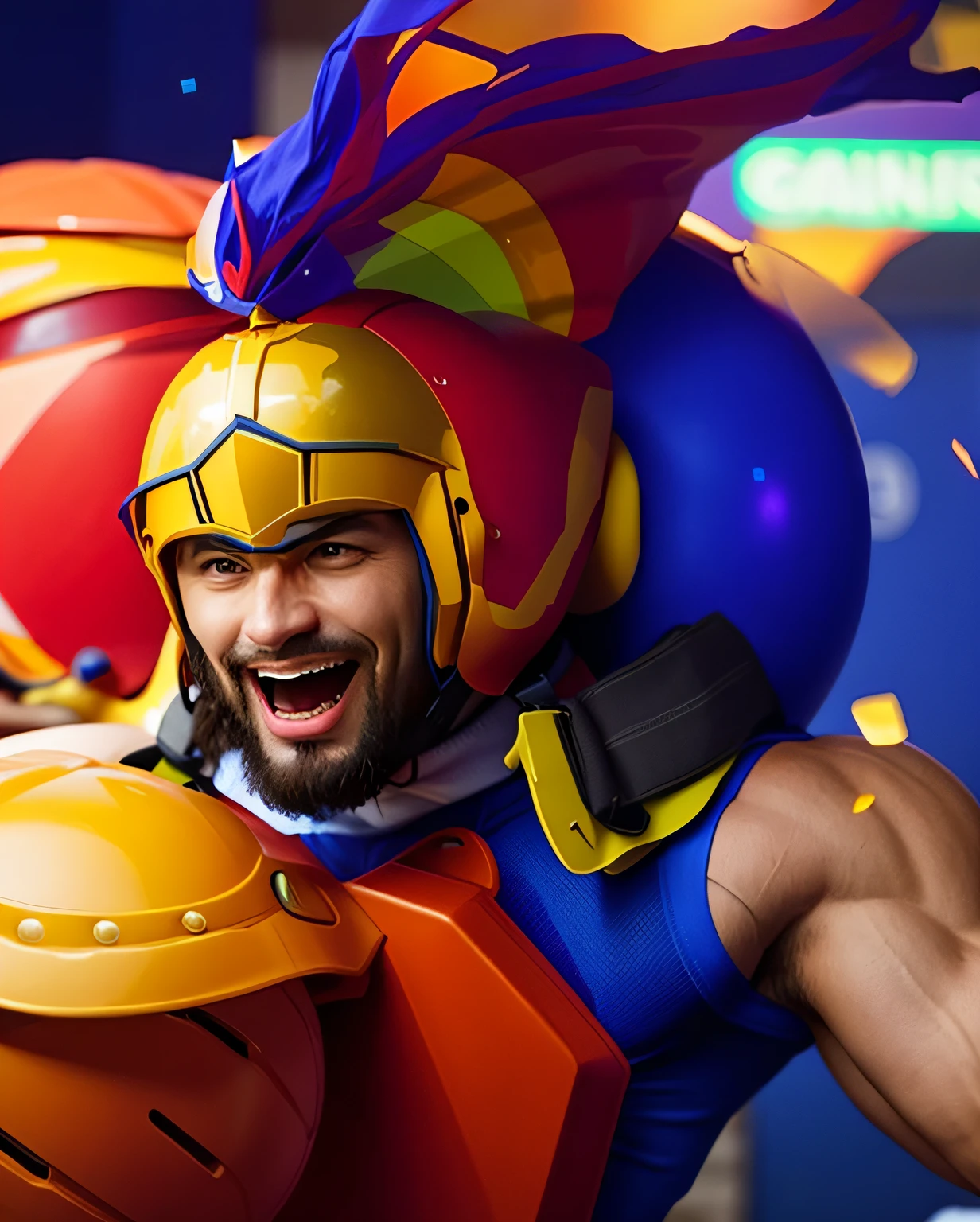 Man wearing helmet and carrying ball on his back