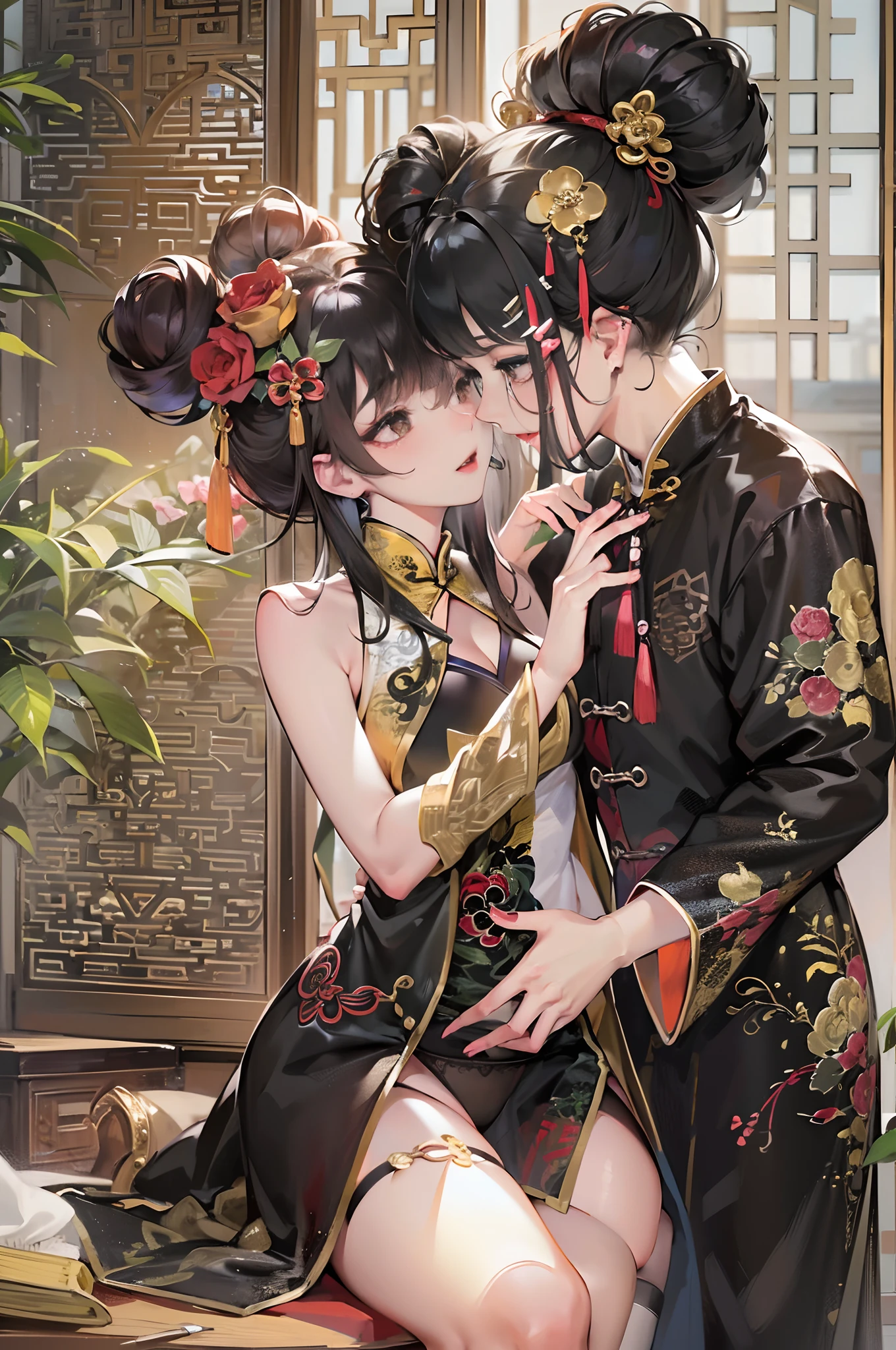 two guys,twogirls,puss,Cuddle together,a beauty girl,Black and gold cheongsam,black lence stockings,Ancient wind,China-style,Chinese tradition,cleavage,cabelos preto e longos,(Delicate face),folding fan,hair-bun,耳Nipple Ring,(did not wear panties)